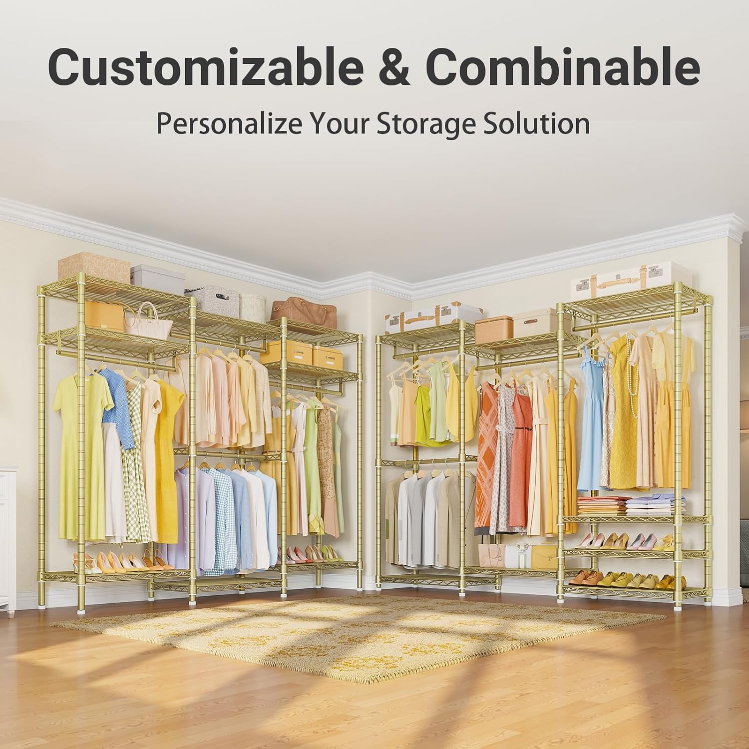 VIPEK V5i Garment Rack Heavy Duty Clothes Rack, Portable Closet Wardrobe Bedroom Armoires Freestanding Clothing Rack with 8 Adjustable Shelves & 4 Hang Rods, 68.9' L x 15.7' W x 76.4' H, Gold