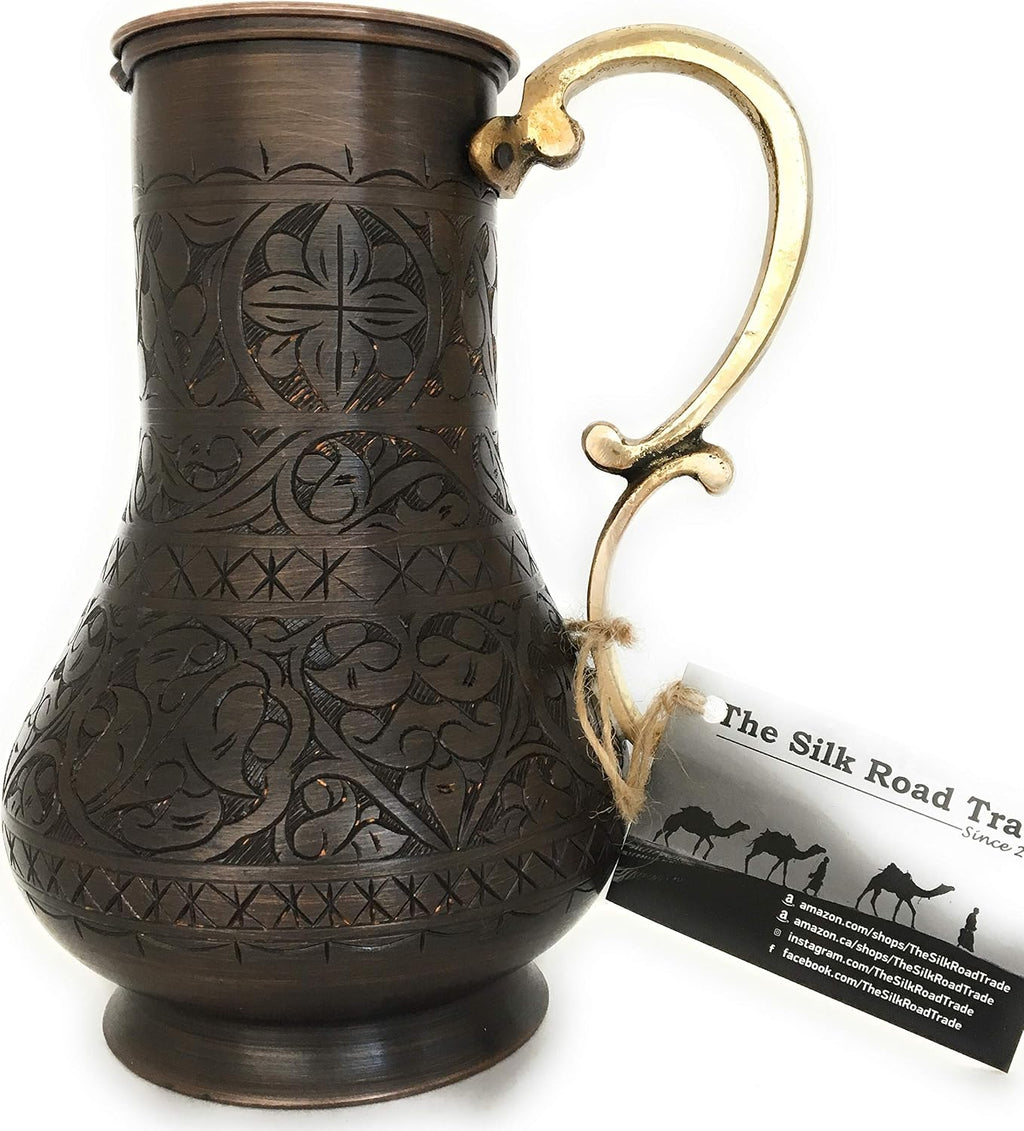 KS Series - Copper Pitcher (45 oz) and Cup (7.7 oz) Set, Moscow Mule Water Jug, Ice Tea and Juice Beverage, Desktop/Bedside Night Water Carafe, Ayurvedic Decanter (Engraved-Antique)
