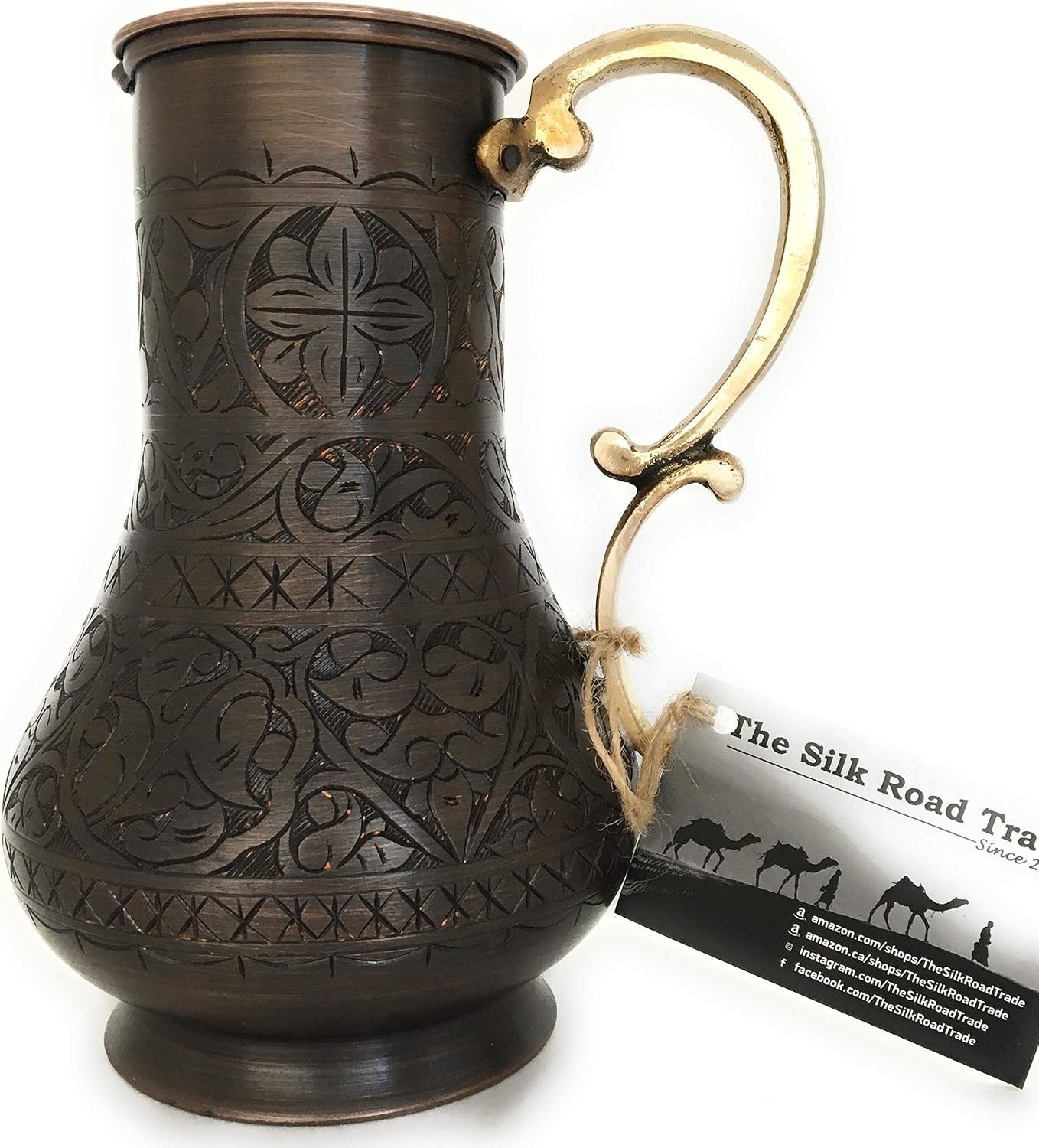 KS Series - Copper Pitcher (45 oz) and Cup (7.7 oz) Set, Moscow Mule Water Jug, Ice Tea and Juice Beverage, Desktop/Bedside Night Water Carafe, Ayurvedic Decanter (Engraved-Antique)