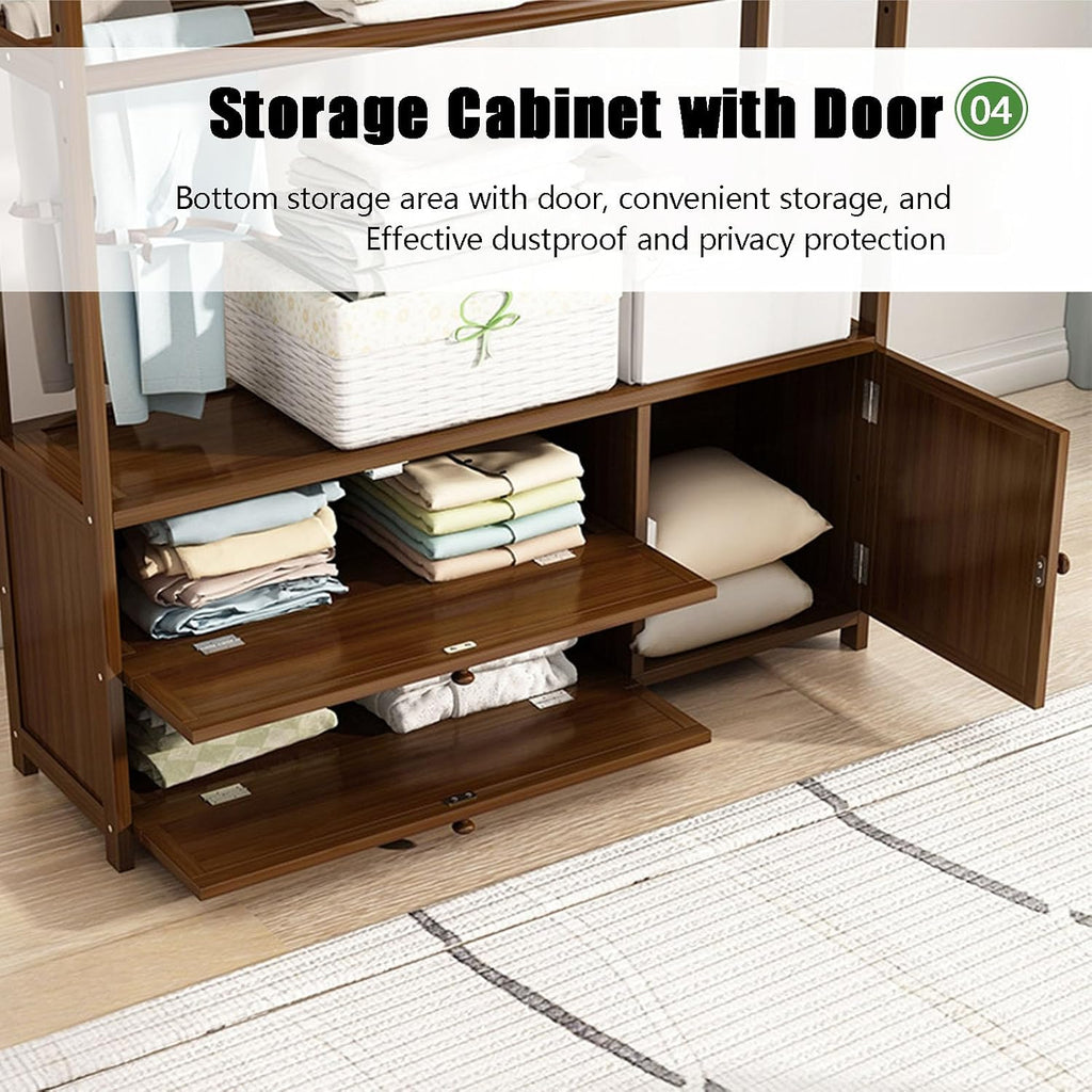 Bamboo Garment Rack, Clothes Hanging Rack with Side Hooks and 3 spacious drawers Portable Storage Organizer Garment Rack for Bedroom Living Room Office Mudroom