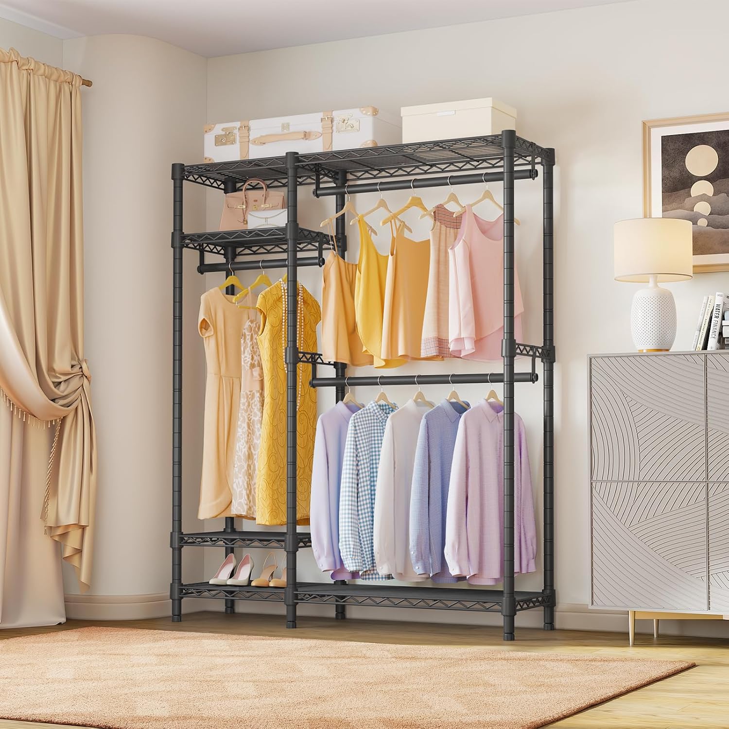 VIPEK Clothes Rack for Hanging Clothes, Heavy Duty Closet Rack with 4 Tiers Wire Shelving & 3 Hanging Rods, Free Standing Closet Wardrobe, 45' Lx16.5 Wx76.4 H, Max Load 700LBS, Black