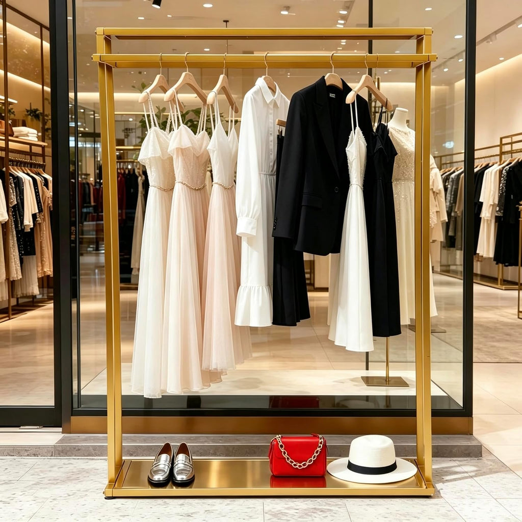 Double Rod Gold Clothing Garment Rack Dresses Display W/ 2 Shelves | Heavy Duty Boutiques Retail Display Stand Wedding Dress Racks for Hanging Long Dresses, Shoes Bags Clothes Organize