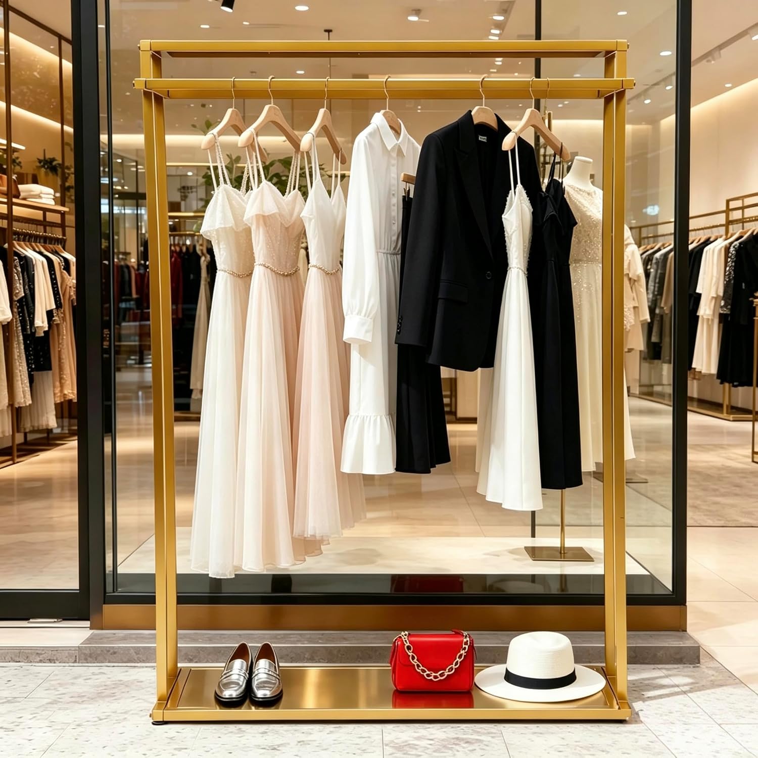 Double Rod Gold Clothing Garment Rack Dresses Display W/ 2 Shelves | Heavy Duty Boutiques Retail Display Stand Wedding Dress Racks for Hanging Long Dresses, Shoes Bags Clothes Organize
