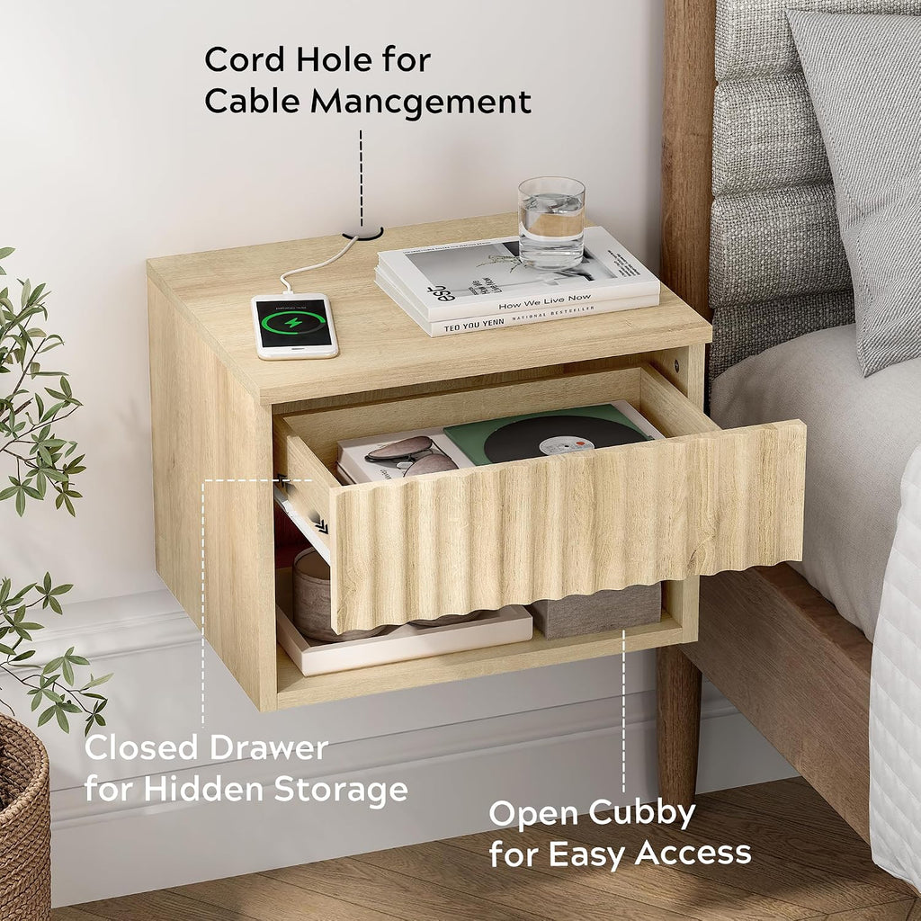 EYYTHUNG Floating Nightstand Set of 2 with Drawer, Fluted Modern Night Stand with Fluted Door and Open Storage Shelf Wall Mounted Bedside Table for Bedroom, Entryway Light Oak