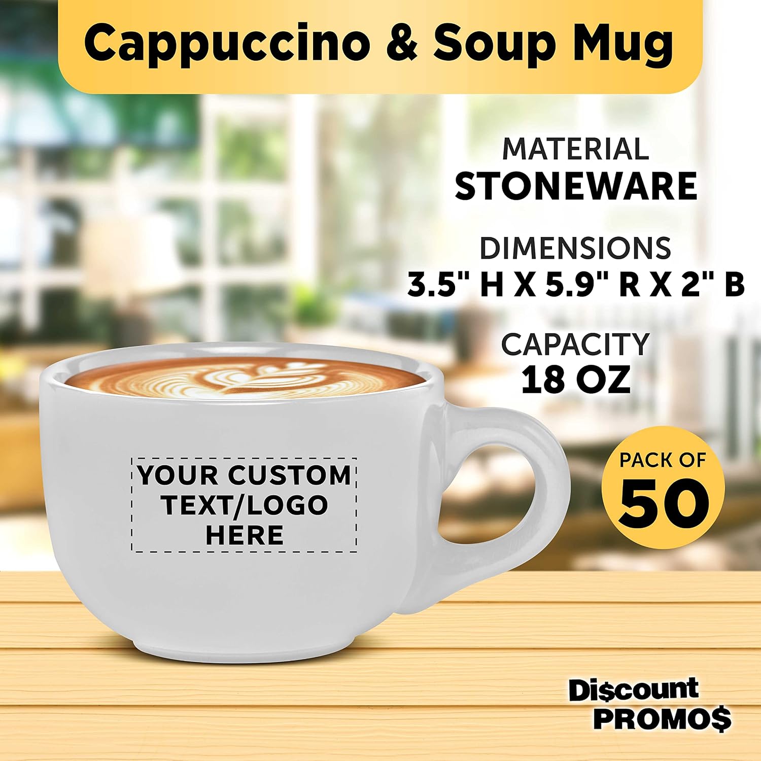 Custom Ceramic Cappuccino Mugs 18 oz. Set of 50, Personalized Bulk Pack - Perfect for Coffee, Tea, Espresso, Hot Cocoa, Other Beverages - White