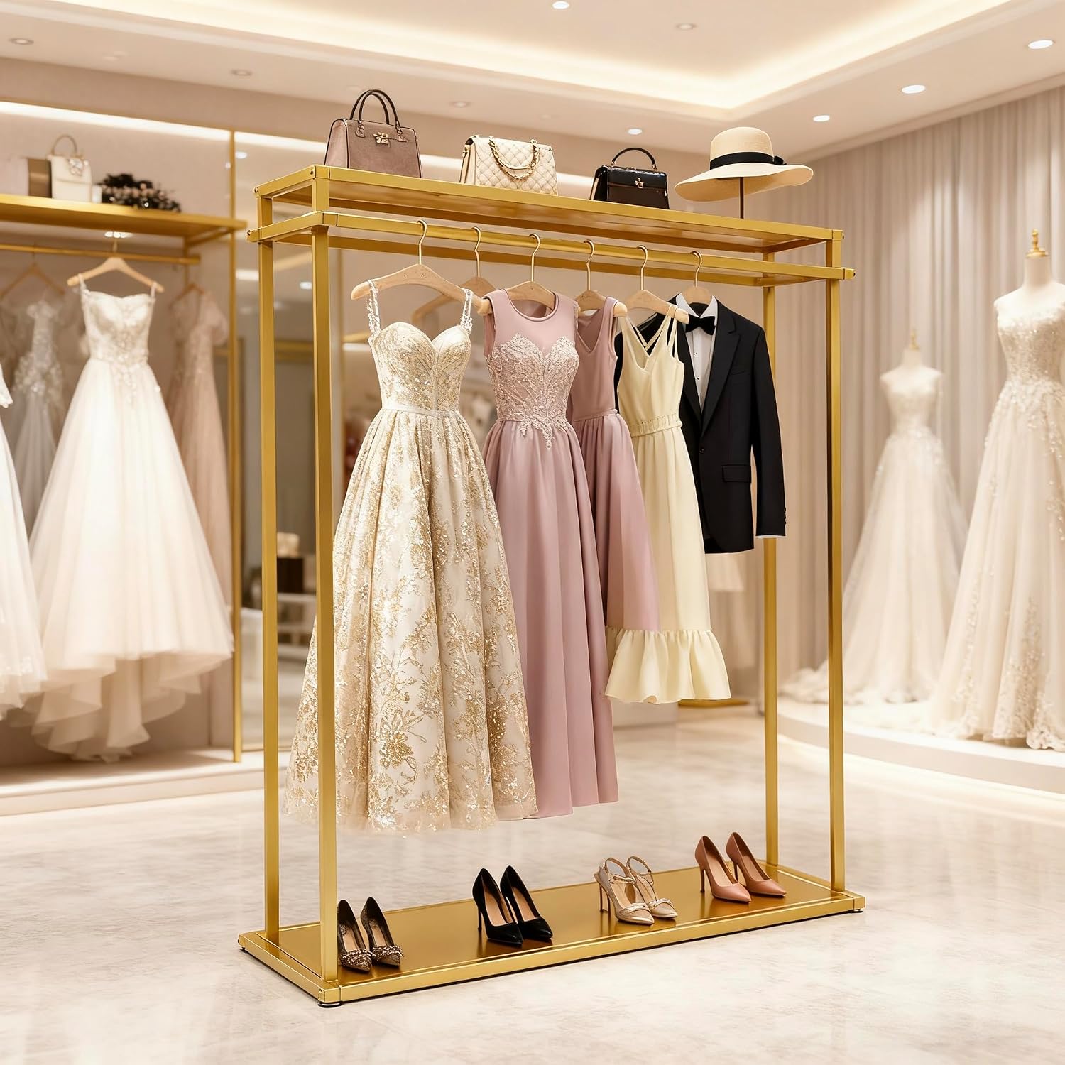 Double Rod Gold Clothing Garment Rack Dresses Display W/ 2 Shelves | Heavy Duty Boutiques Retail Display Stand Wedding Dress Racks for Hanging Long Dresses, Shoes Bags Clothes Organize