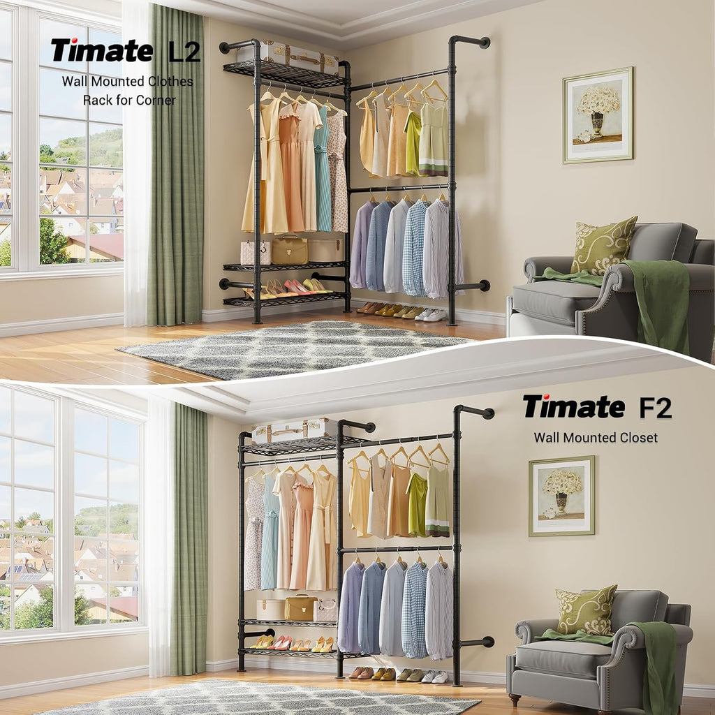 Timate L2 Wall Mounted Clothes Rack Industrial Pipe Clothing Rack for Hanging Clothes, Adjustable Expandable Garment Rack Heavy Duty Closet Organizer, Black Mounted Storage Industrial Closet System