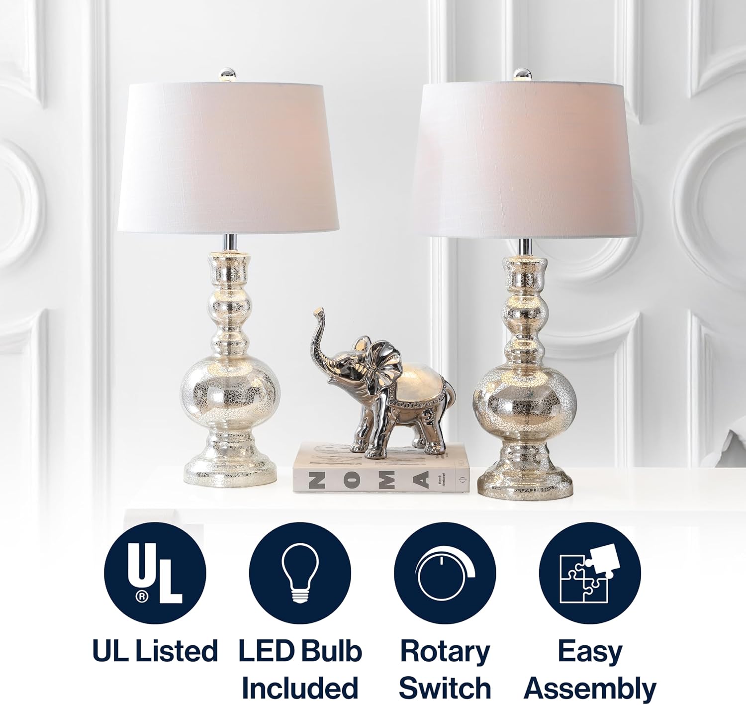 JONATHAN Y 28.5' Mercury Silver Glass Table Lamp Set of 2 for Living Room Bedroom Decor, Modern Bedside Lamps with White Linen Shade, LED Bulbs Included (JYL1061D-SET2)