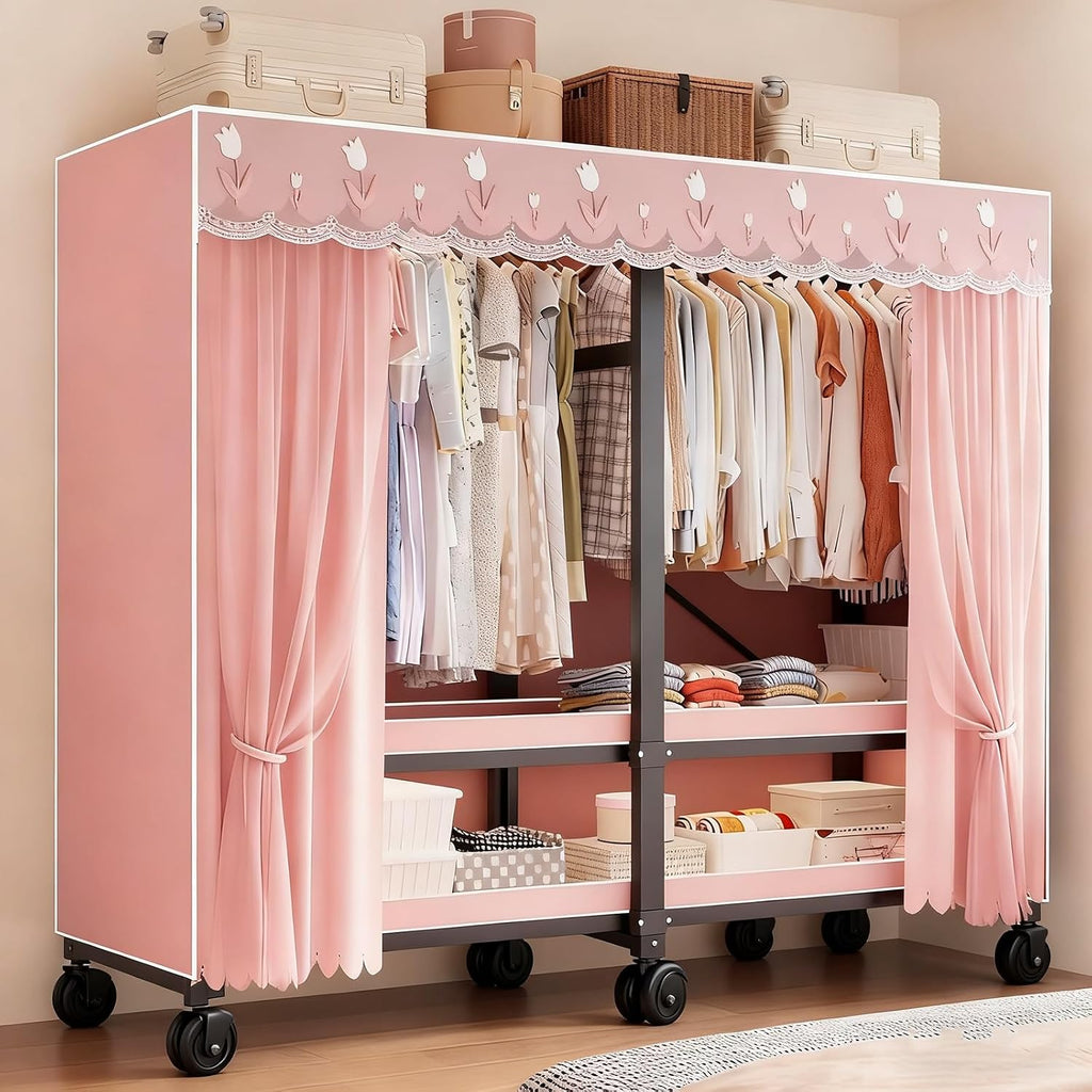 Foldable Heavy Duty Wardrobe Closet, Rolling Covered Portable, Metal Garment Rack for Hanging Clothes,for Bedroom