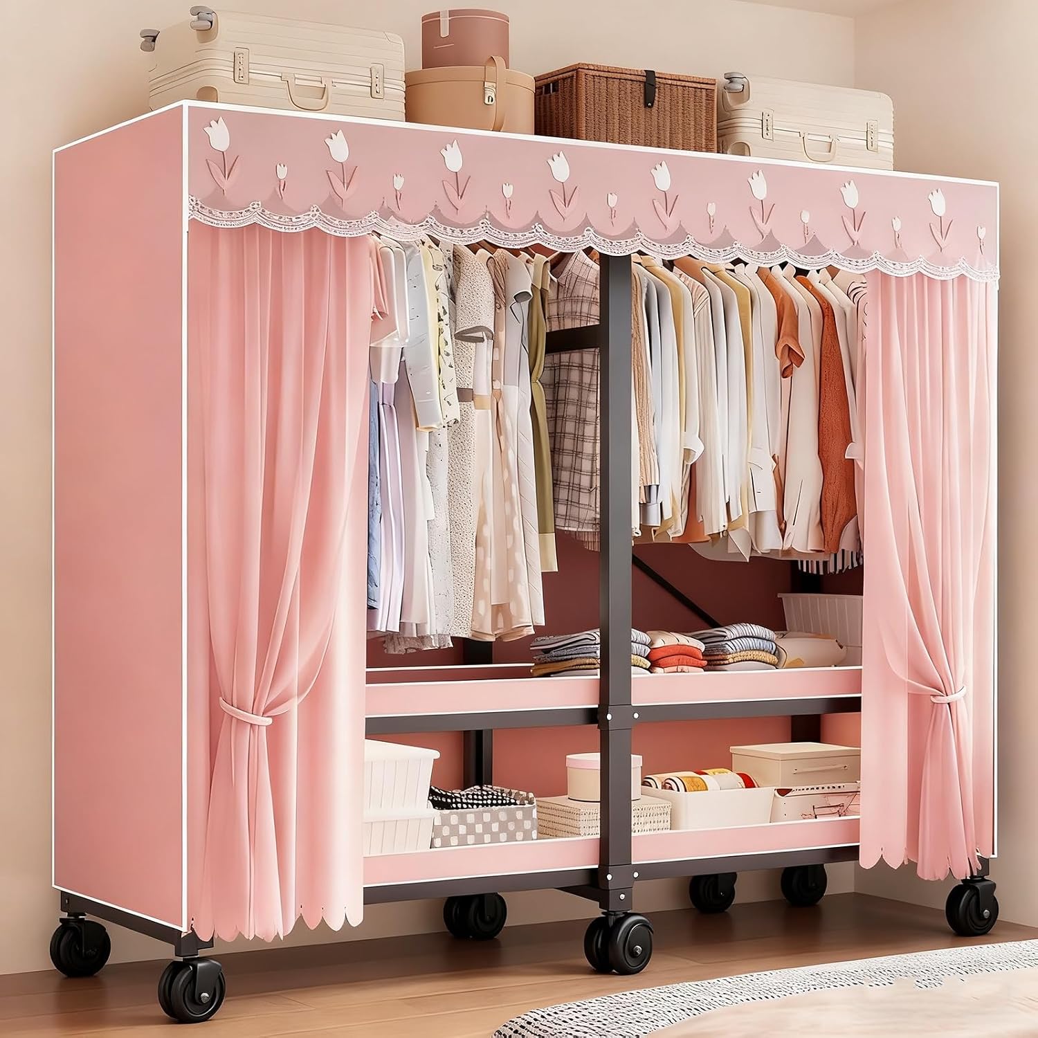 Foldable Heavy Duty Wardrobe Closet, Rolling Covered Portable, Metal Garment Rack for Hanging Clothes,for Bedroom