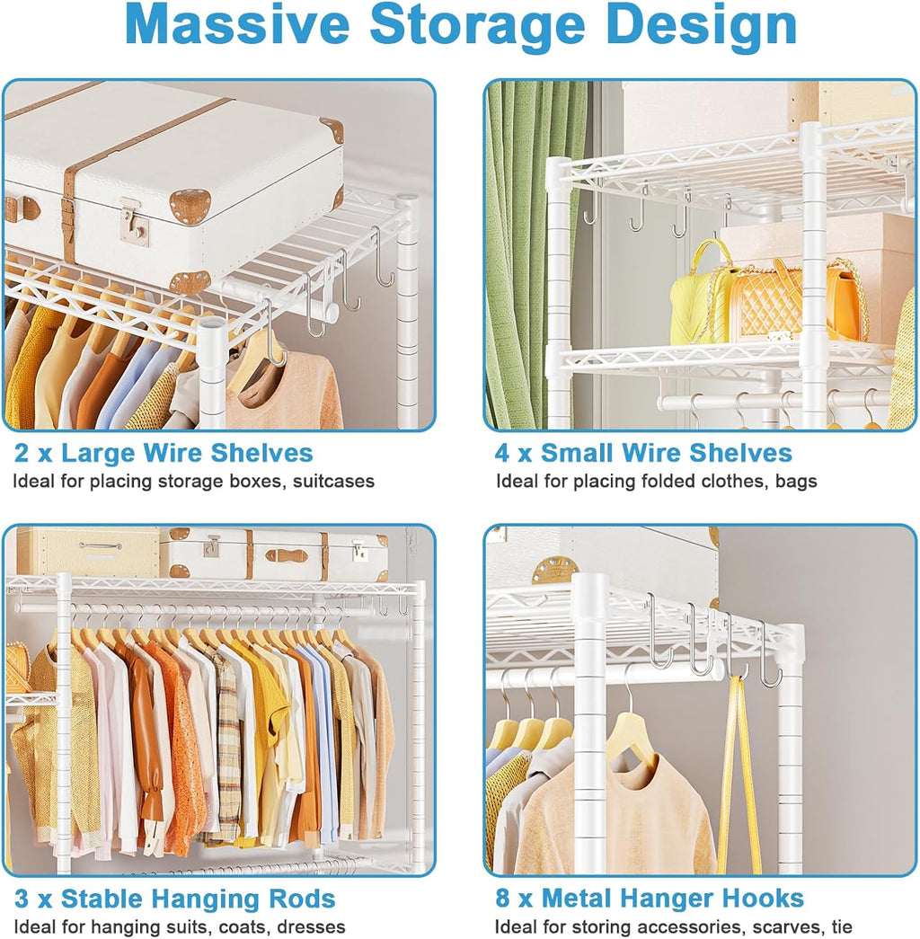 Ulif F7 Garment Rack, Heavy Duty Clothes Rack, Clothing Racks for Hanging Clothes, 6-Tiers Freestanding Portable Closet Storage Rack 58'' W × 14.6'' D × 76.6'' H, Max Load 800 Lbs, White