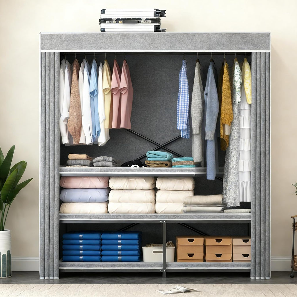 Heavy Duty Foldable Portable Wardrobe with Cover, Black Gray, 59.1' L x 70.9' H x 20.5' W, Freestanding Storage Clothes Rack for Bedroom