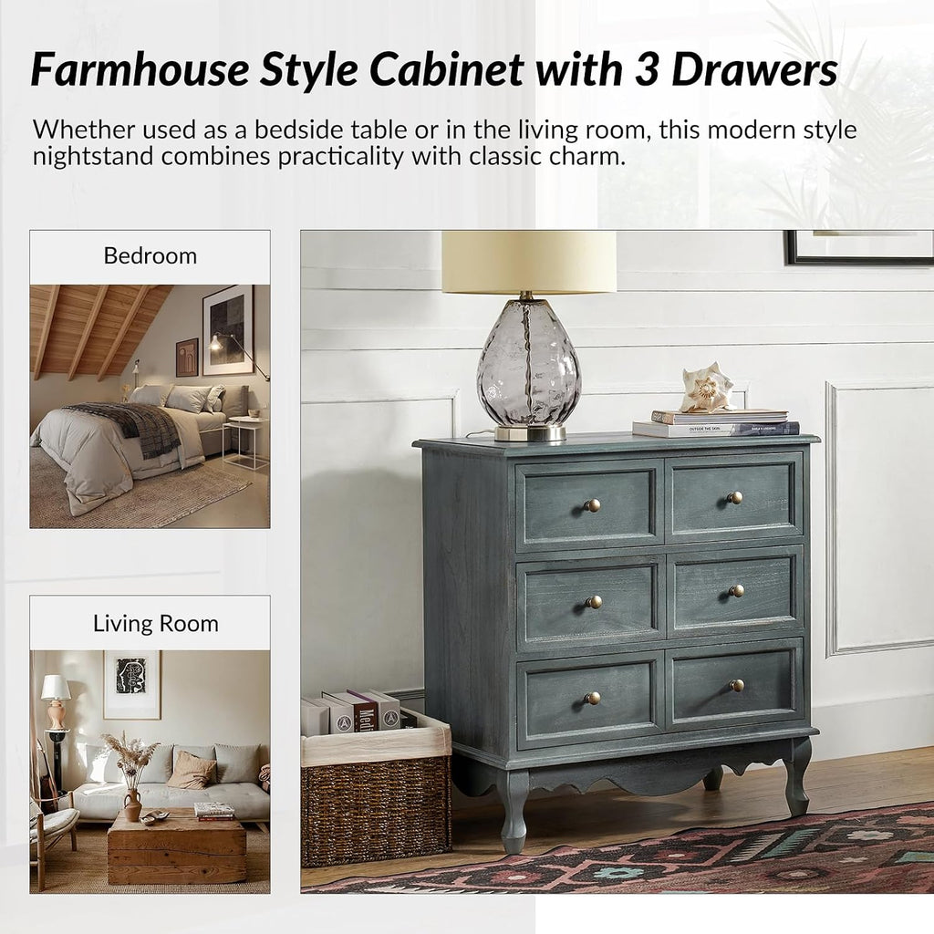 HULALA HOME 3-Drawer Nightstand with Charging Station, Drawer Organizer with Wood Legs, Farmhouse Solid Wood Nightstand(Blue)