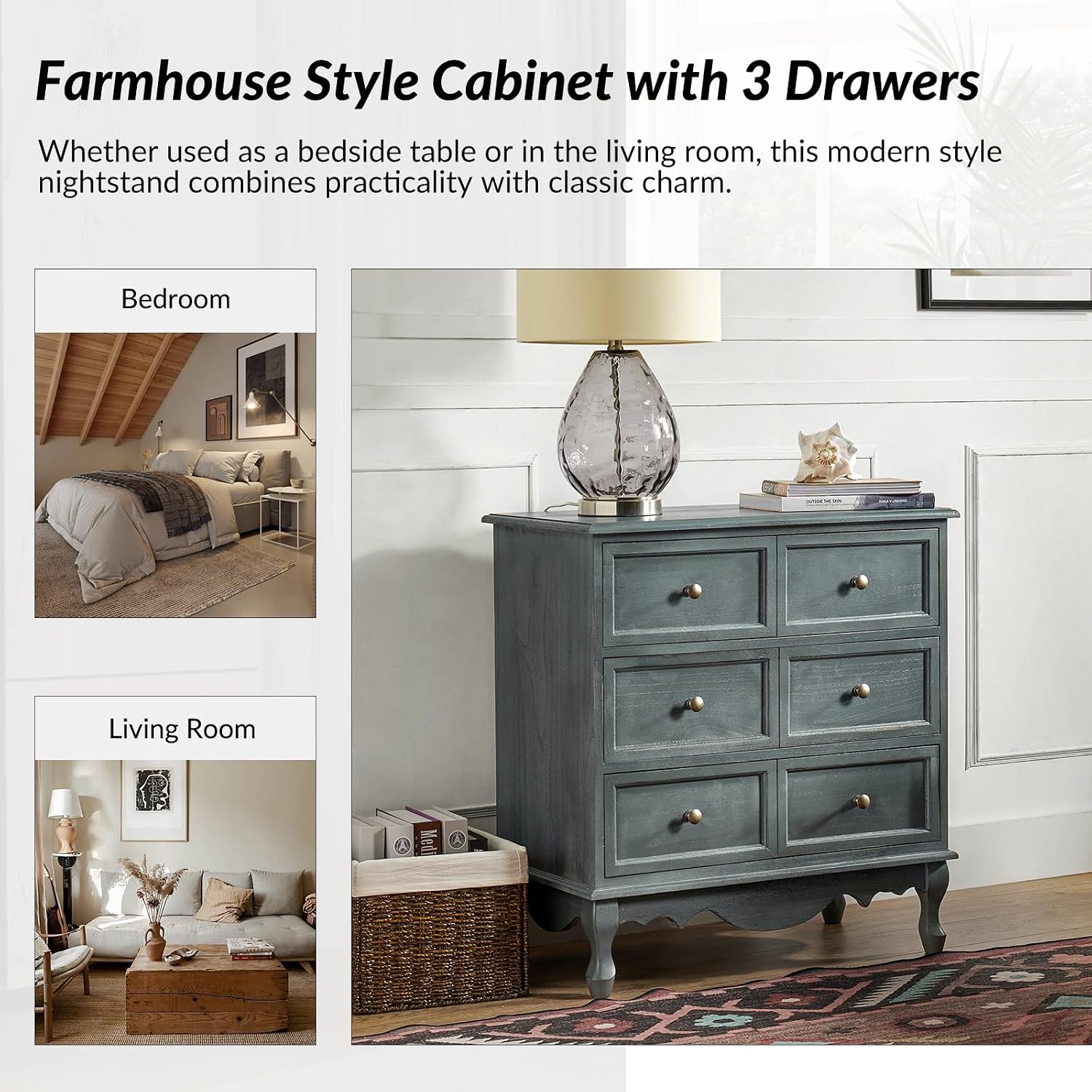 HULALA HOME 3-Drawer Nightstand with Charging Station, Drawer Organizer with Wood Legs, Farmhouse Solid Wood Nightstand(Blue)