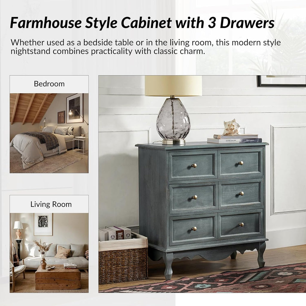 HULALA HOME 3-Drawer Nightstand with Charging Station, Farmhouse Solid Wood Nightstand Set of 2(Blue)