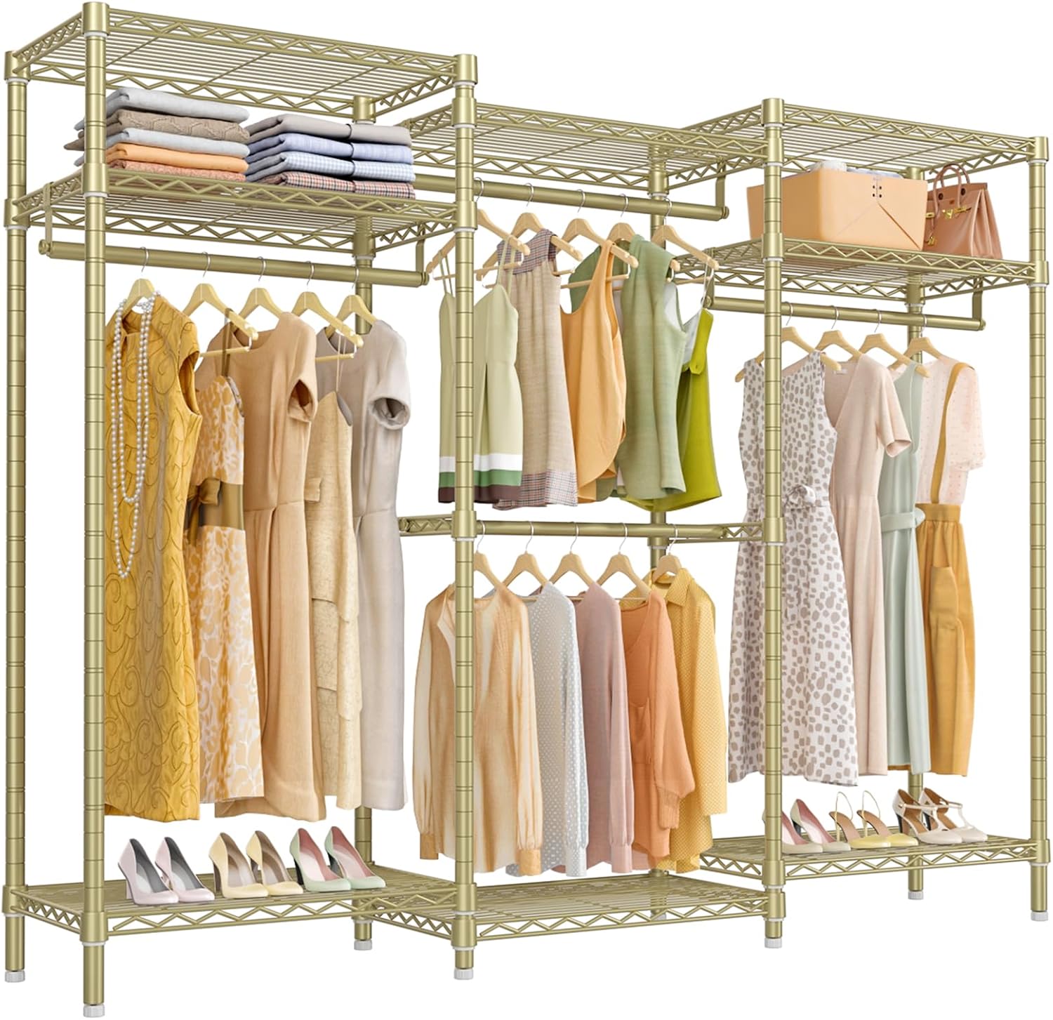 VIPEK V5i Garment Rack Heavy Duty Clothes Rack, Portable Closet Wardrobe Bedroom Armoires Freestanding Clothing Rack with 8 Adjustable Shelves & 4 Hang Rods, 68.9' L x 15.7' W x 76.4' H, Gold