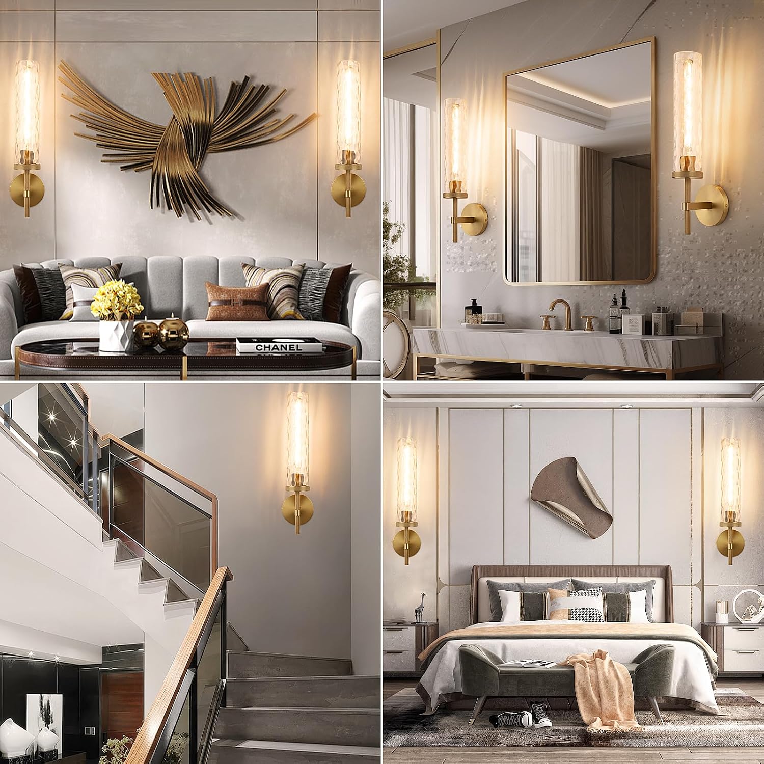 19.5' Knurled Brass Wall Sconce with Water Ripples Glass Tube, Gold Bathroom Vanity Light Fixtures, Modern Lamp Lighting for Bedroom, Living Room, Hallway, Staircase, Mirror, Kitchen
