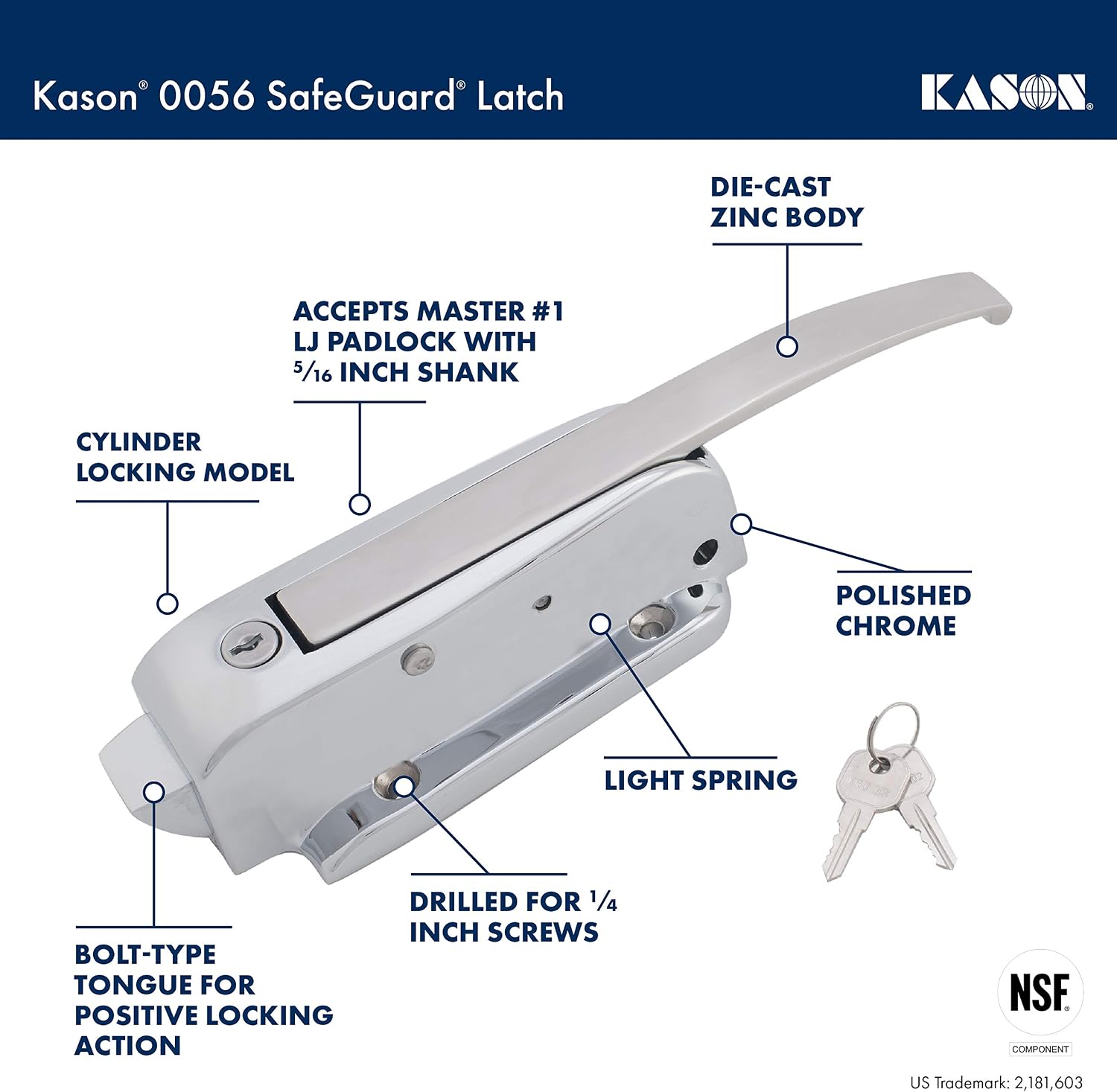 Kason 0056 Safeguard Latch, Cylinder Locking Body with Light Spring, 10056CL5020