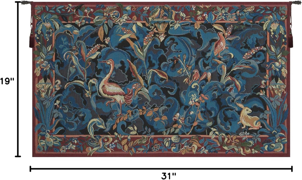 Charlotte Home Furnishings Inc French Boho Tapestry Wall Hanging 19 x 31 in, Animals Aristoloches Blue Aesthetic Woven Wall Art decor for Living Room Home Decor, European Cotton Jacquard Woven