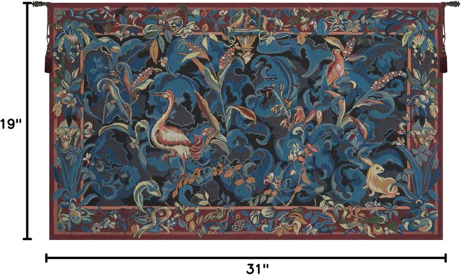 Charlotte Home Furnishings Inc French Boho Tapestry Wall Hanging 19 x 31 in, Animals Aristoloches Blue Aesthetic Woven Wall Art decor for Living Room Home Decor, European Cotton Jacquard Woven