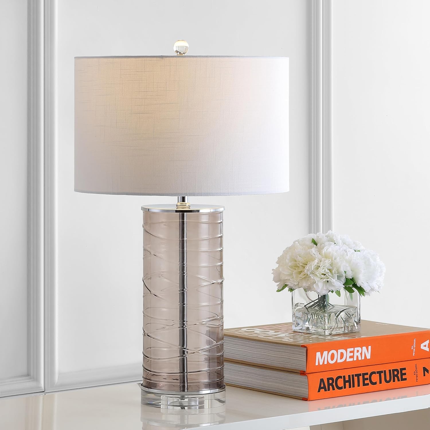 Eyely EYL4016C-SET2 Bailey 27.5' Modern Fused Glass Cylinder LED Table Lamp for Reading Room, Living Room, Office, Bedroom, Transitional, Coastal, Glam, Smoky Gray (Set of 2)