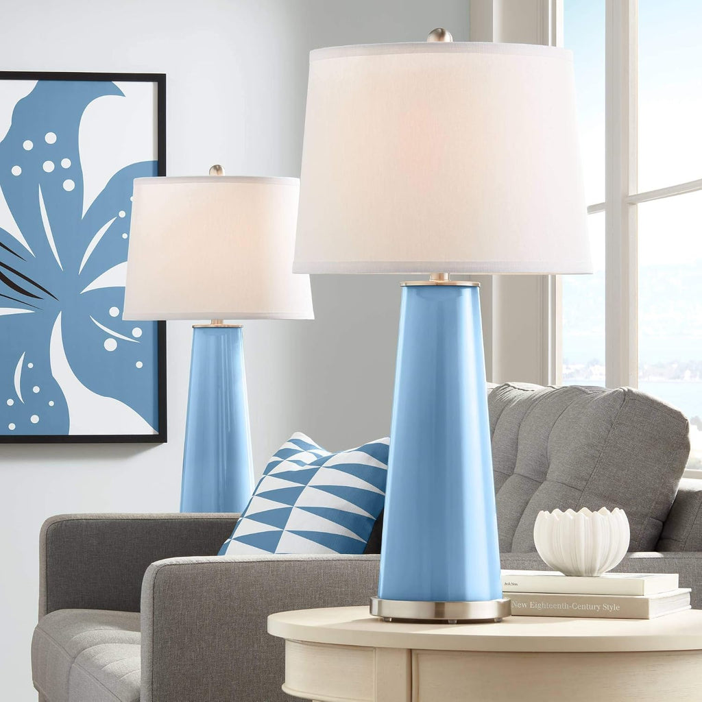 Color + Plus Leo 29 1/2' Tall Modern Coastal End Table Lamps Set of 2 Secure Blue Finish Glass Fabric White Shade Living Room Bedroom Bedside Nightstand House Office Home Reading Kitchen Entryway