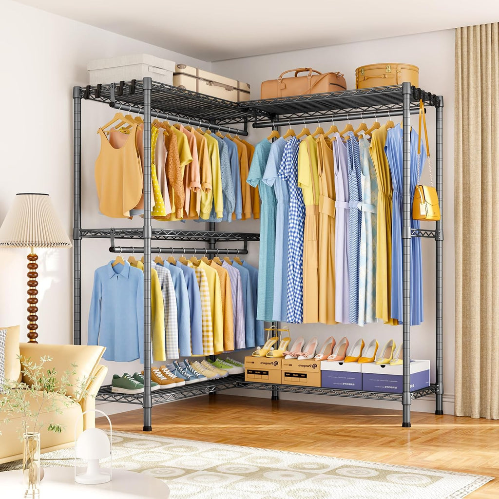 ULIFHOME E15 Pro Garment Rack L Shaped Clothes Rack for Corner，Freestanding Clothing Racks for Hanging Clothes，Heavy Duty Closet System with 4 Hanging Rods & 8 S Hooks，48.8'W x 15.8'D x 78.4'H，Grey