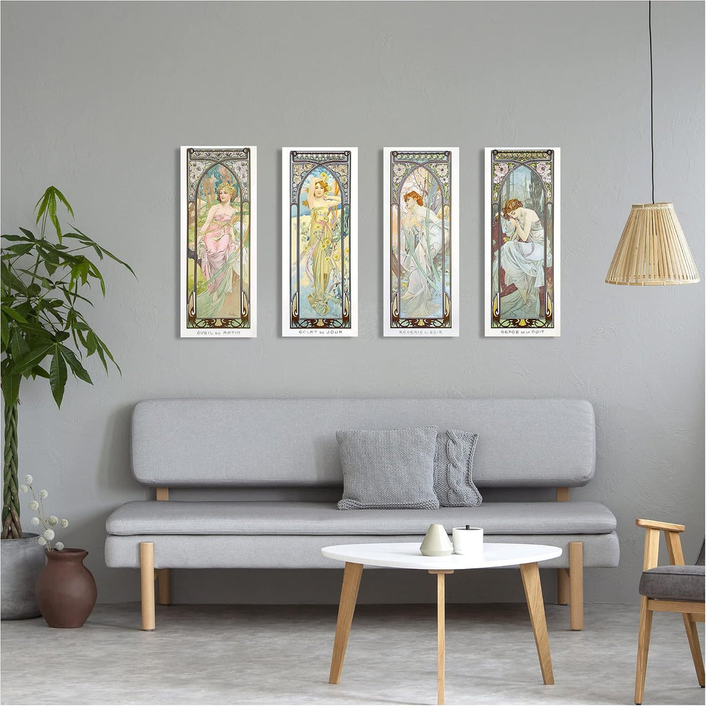 A&T ARTWORK The Times of the Day by Alphonse Mucha 4 Panel wall Art for Home Decorations Giclee Canvas Print 30x12inch x4pcs(30x48inch)