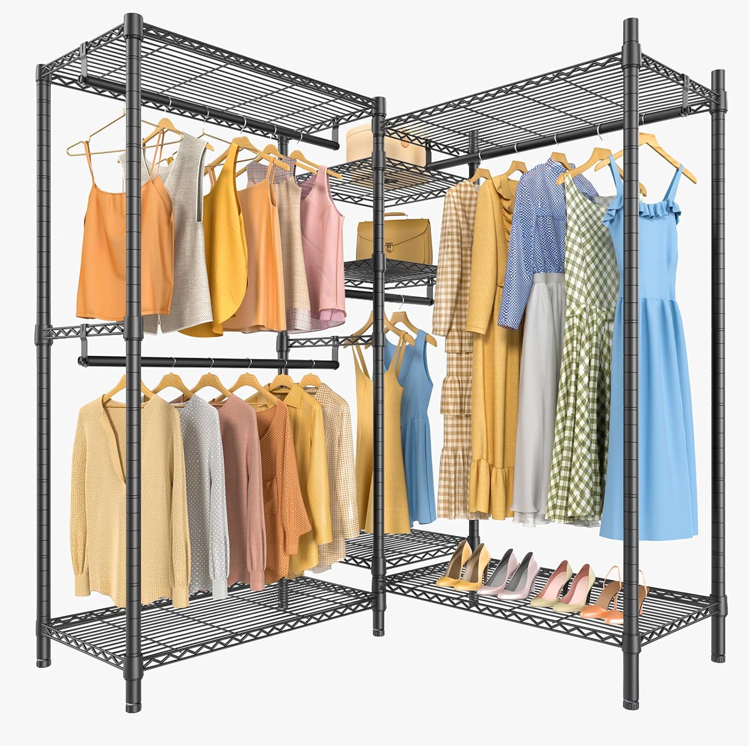 VIPEK L6 Heavy Duty Clothes Rack L Shape Clothing Rack 5-Tier Wire Garment Rack Freestanding Closet with 7 Adjustable Shelves & 4 Hanging Rods, 42.1' L x 42.1' W x 76.4' H, Max Load 850LBS, Black