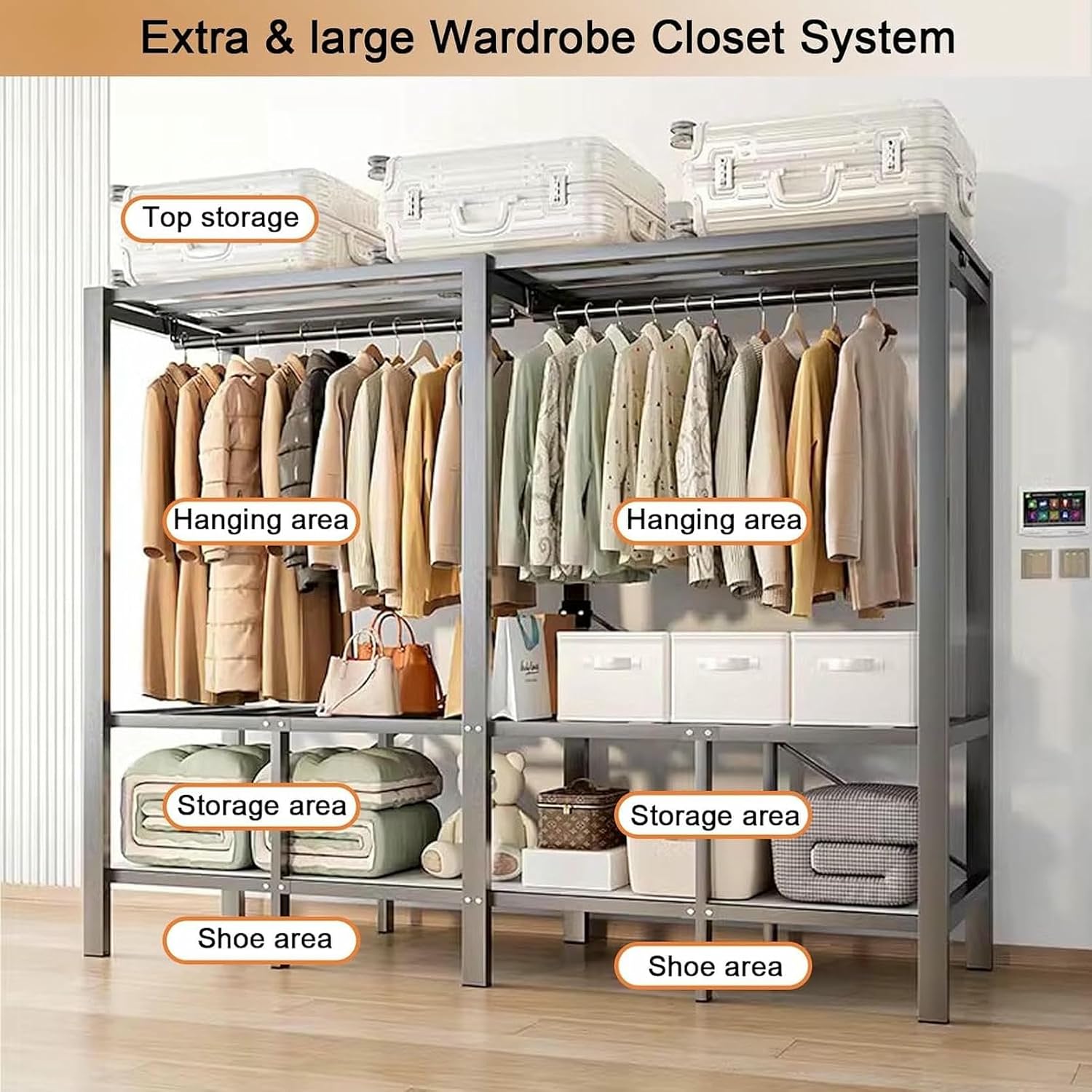 Metal Wardrobe Rack - Heavy Duty Foldable Wardrobe Closet with Cover 1200lbs Garment Rack for Hanging Clothes Covered Clothing Coat Storage Organizer