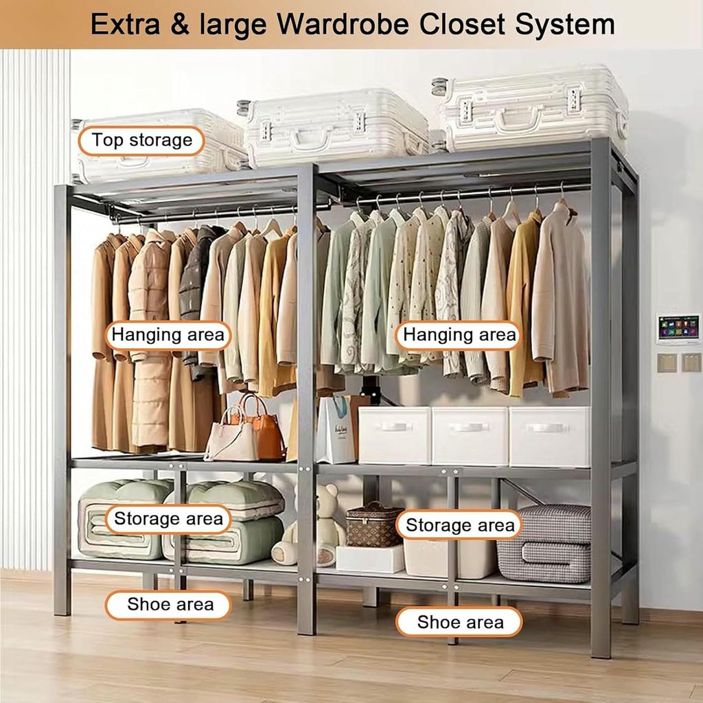 Metal Wardrobe Rack - Heavy Duty Foldable Wardrobe Closet with Cover 1200lbs Garment Rack for Hanging Clothes Covered Clothing Coat Storage Organizer