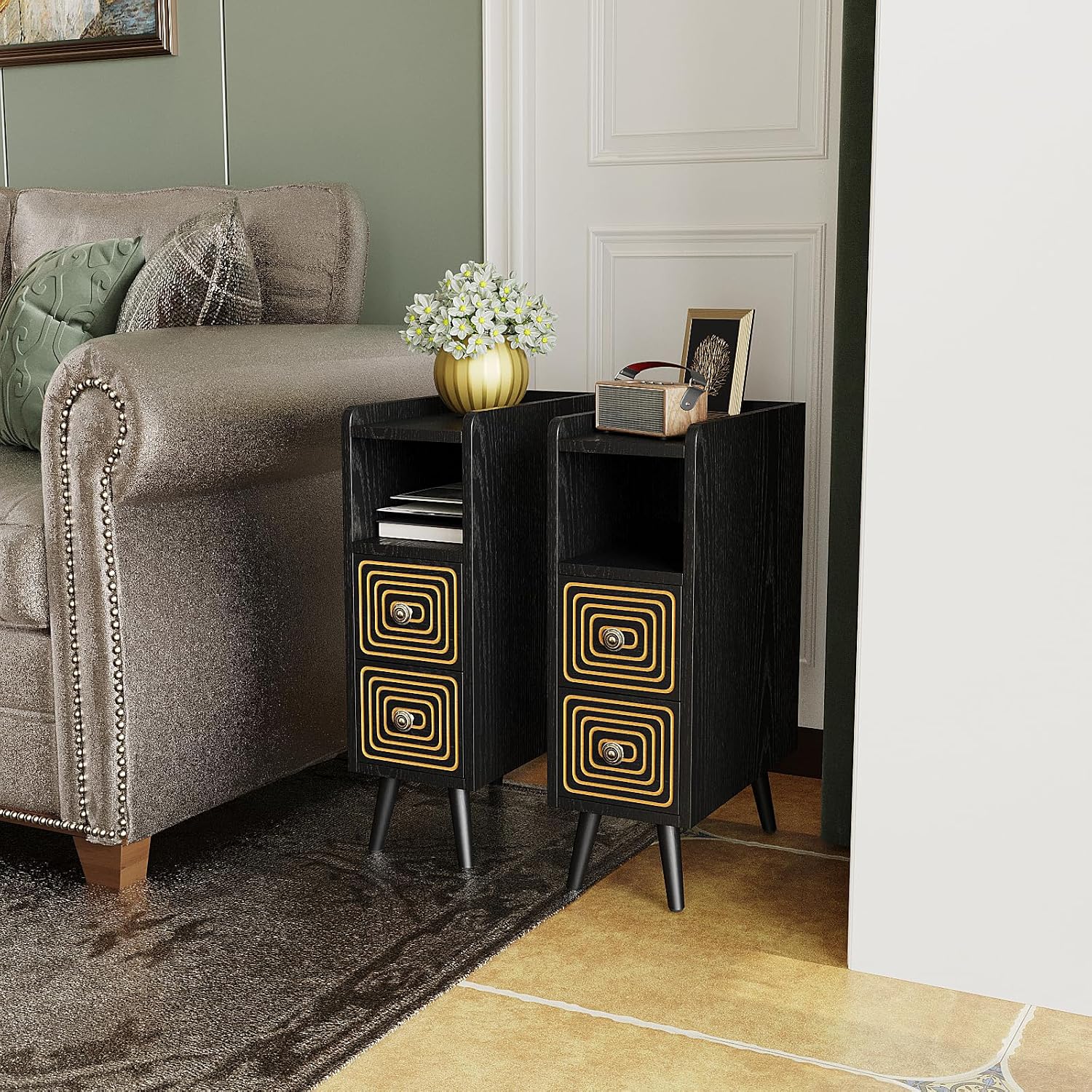 Nightstands Set of 2,Night Stand Bed Side Table with Storage Space,Wooden Bedside Table with Open Shelf,2 Drawers,End Table with Solid Wood Feet for Bedroom,College Dorm,Entryway (Black)