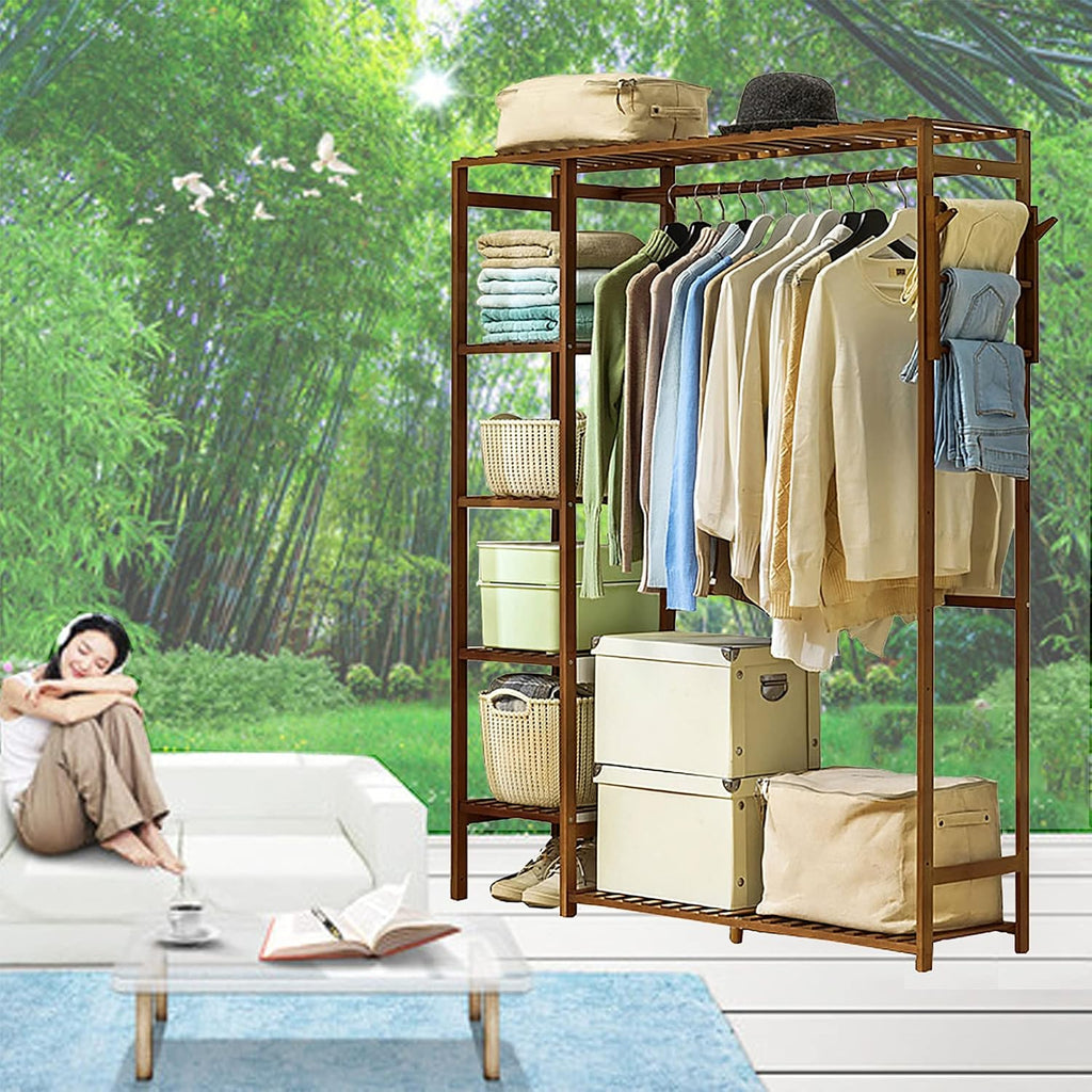 Bamboo Clothes Rack, 5-Tier Storage Shelves Clothes Hanging Rack, with Side Hooks, Multifunctional Storage Shelf Organizer