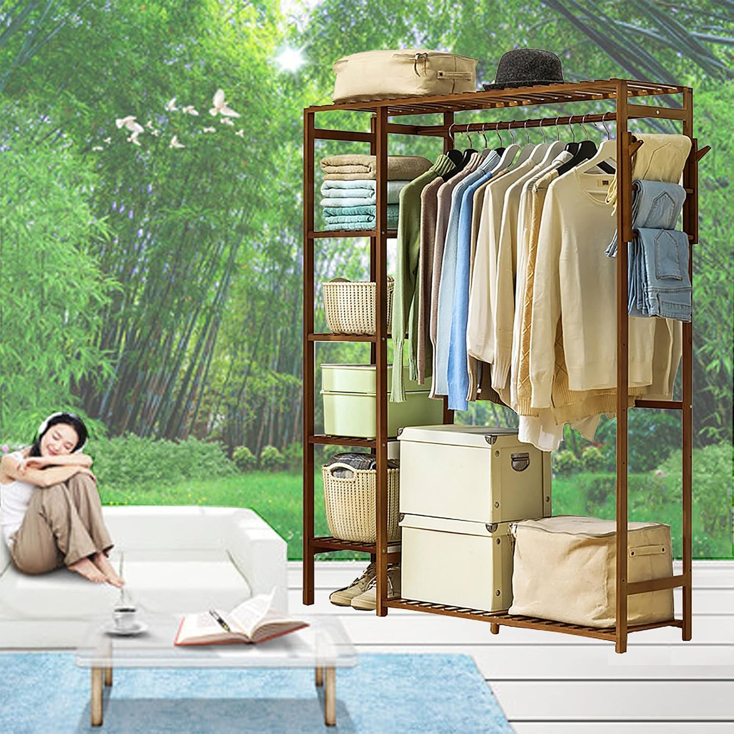 Bamboo Clothes Rack, 5-Tier Storage Shelves Clothes Hanging Rack, with Side Hooks, Multifunctional Storage Shelf Organizer