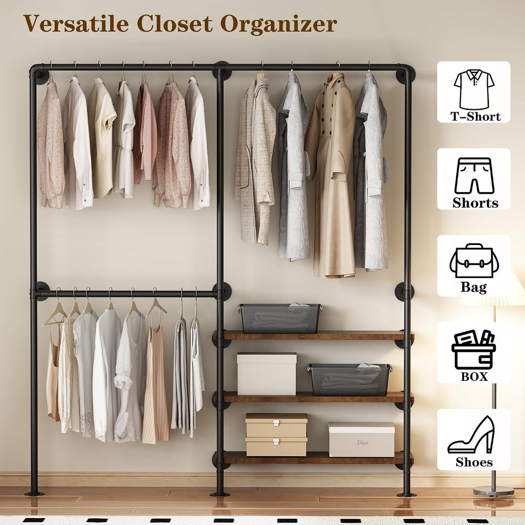 Industrial Pipe Clothes Rack, Wall Mounted Clothing Rack with Shelves, Heavy Duty Closet Organizers Wardrobe Multi-Purpose Storage Clothes Hanging Shelf-70.8''L Black
