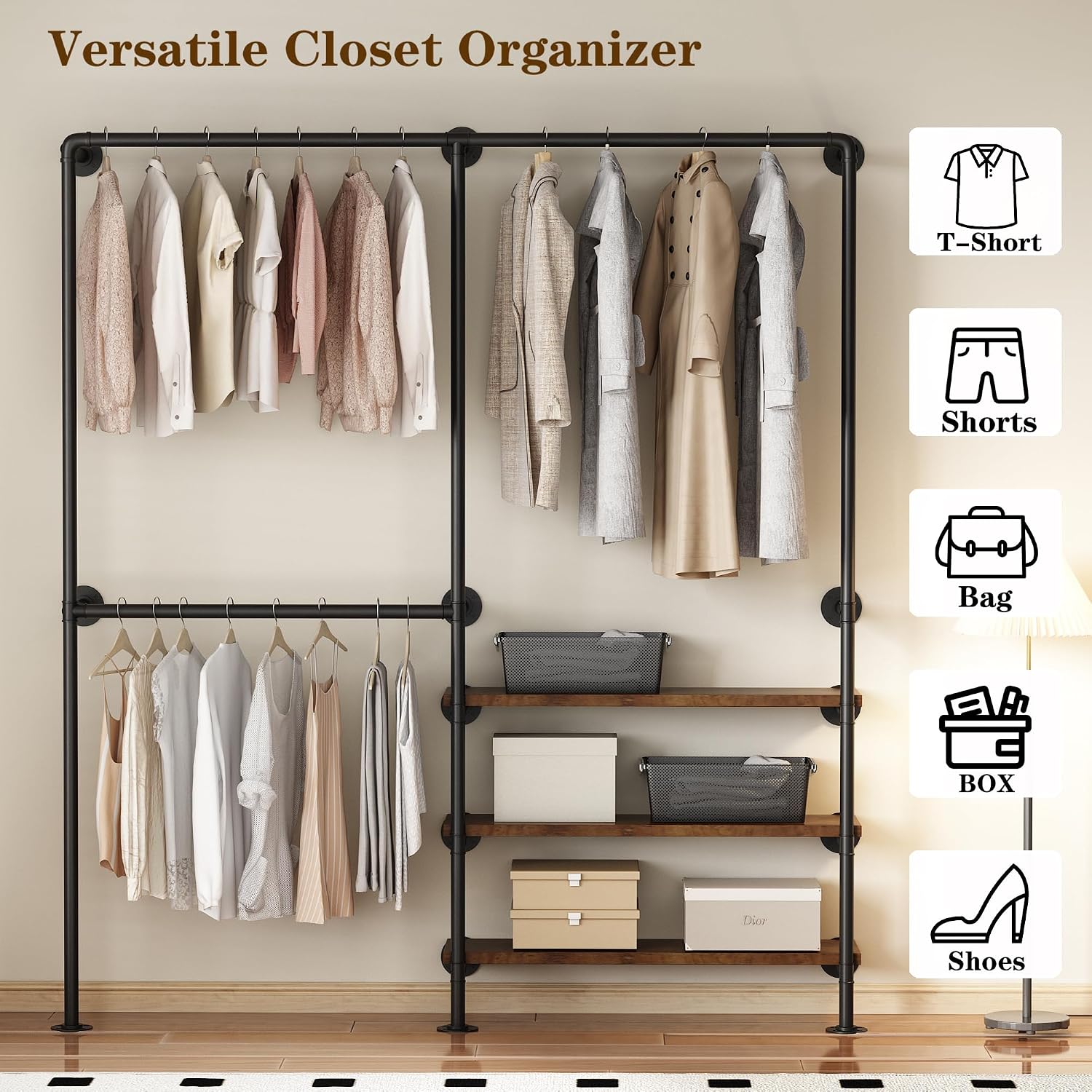 Industrial Pipe Clothes Rack, Wall Mounted Clothing Rack with Shelves, Heavy Duty Closet Organizers Wardrobe Multi-Purpose Storage Clothes Hanging Shelf-70.8''L Black