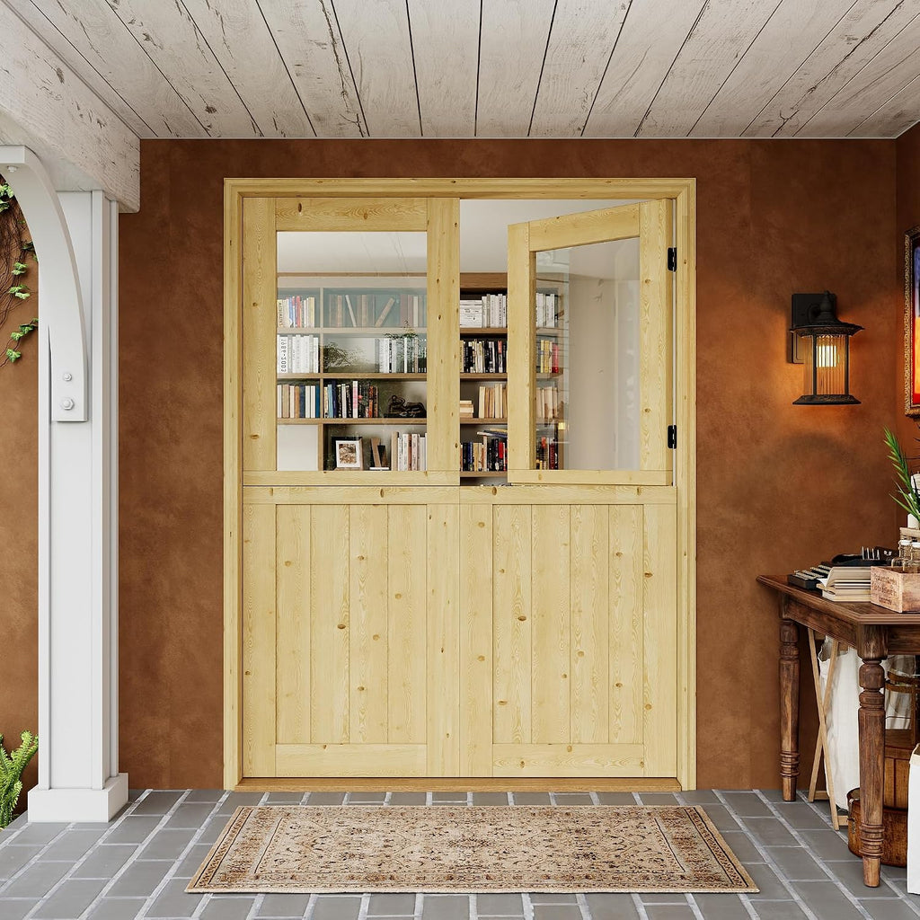 Interior Double Dutch Door Slab, 60' x 80', Universal Tempered Clear Glass Split Single Doors, Solid Core Home Door, Natural Pine Wood - with 8 Black Hinges & 2 Latch, Without Jamb