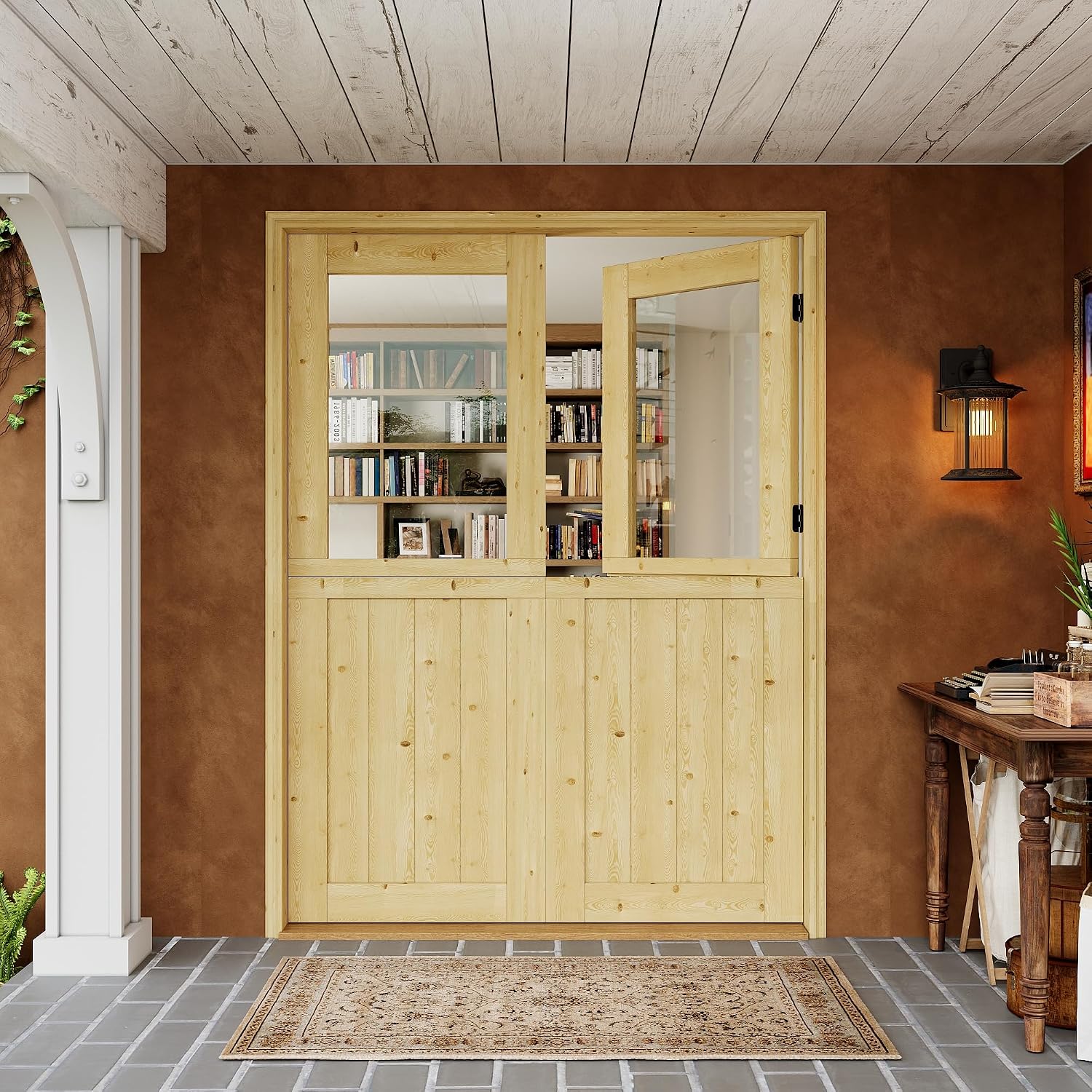 Interior & Exterior Double Dutch Door Slab, 64' x 80', Universal Tempered Clear Glass Split Single Doors, Solid Core Home Door, Natural Pine Wood - with 8 Black Hinges & 2 Latch, Without Jamb