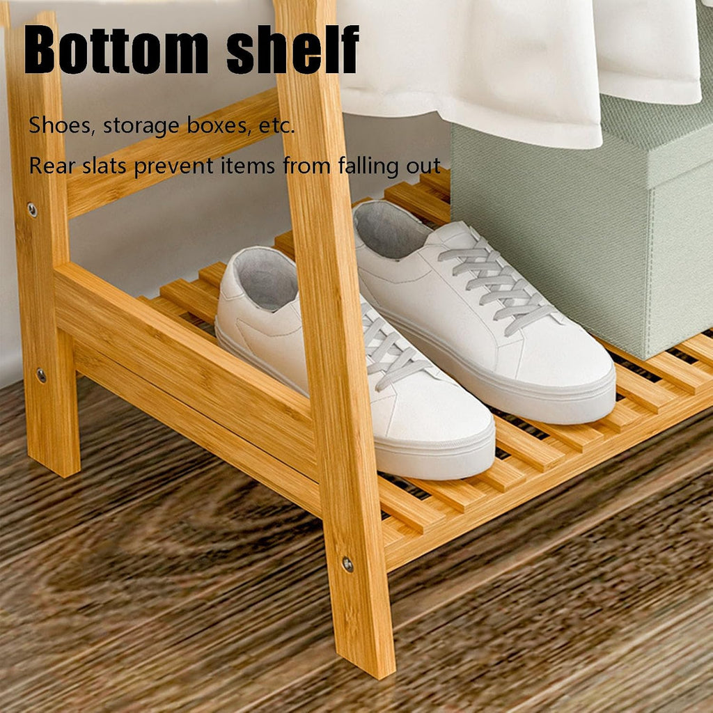 Bamboo Clothing Garment Rack, 4 Tier Storage Shelf Coat Clothes Hanging Rack Portable Wardrobe Closet Organizer with Top Shelf Shoe Storage Shelves for Hallway Entryway Coat Hanger Stand