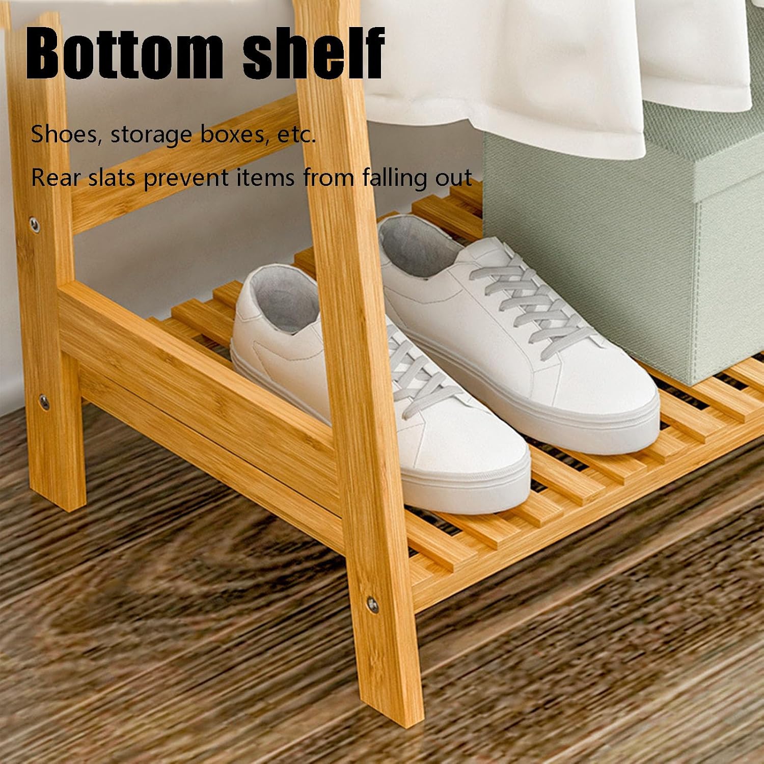 Bamboo Clothing Garment Rack, 4 Tier Storage Shelf Coat Clothes Hanging Rack Portable Wardrobe Closet Organizer with Top Shelf Shoe Storage Shelves for Hallway Entryway Coat Hanger Stand