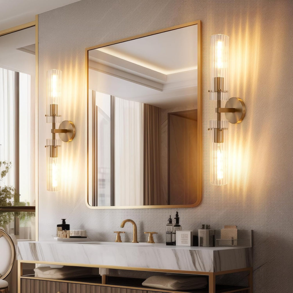 Brass Gold 2-Light Knurled Wall Sconce, Dual-Head Vanity Lamp with Vertical Striped Glass Tube, Bathroom Wall Sconces, Wall Lights for Living Room Bedroom Hallway Kitchen Bathroom Mirror