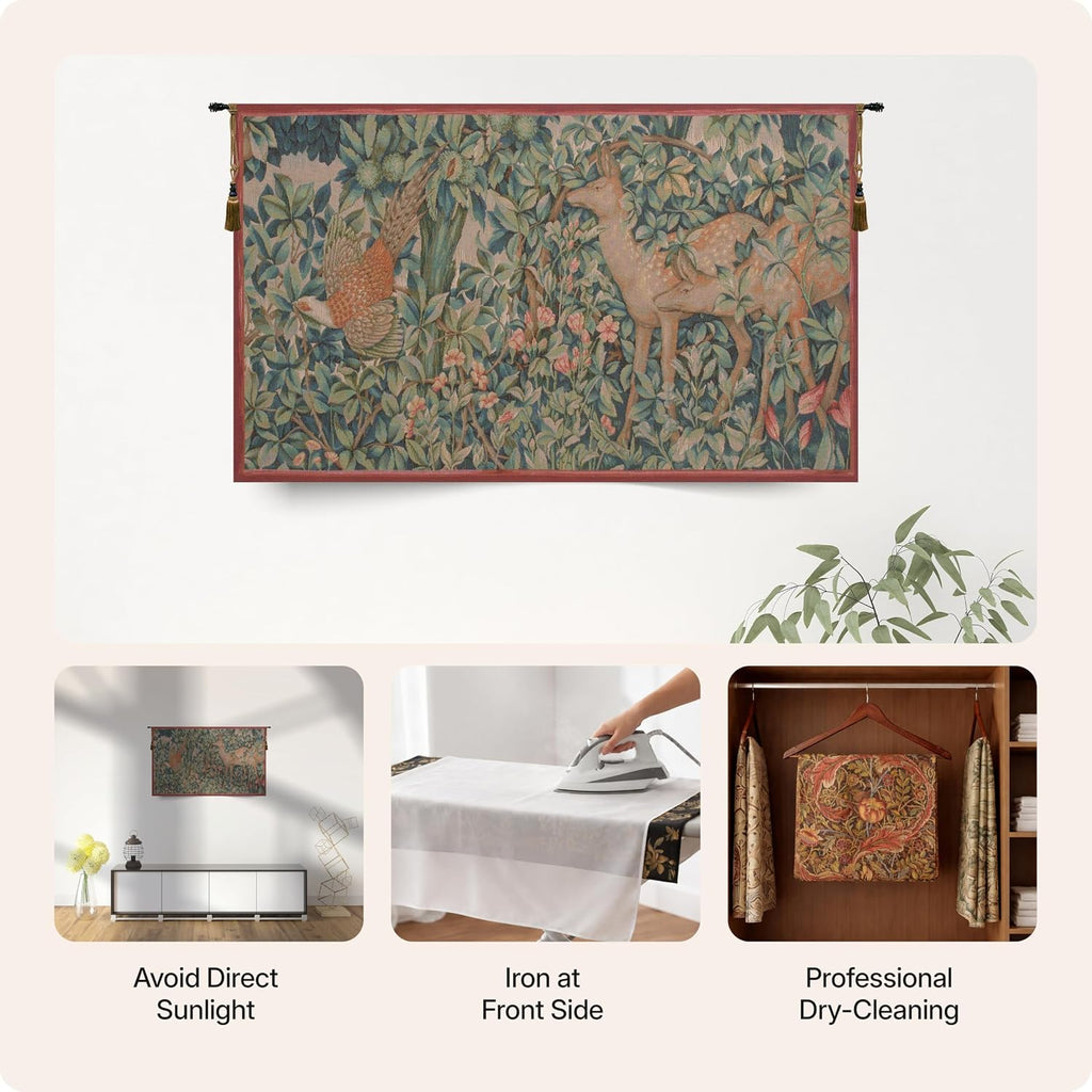 Charlotte Home Furnishings Inc French Boho Tapestry Wall Hanging 29 x 50 in, Pheasant and Doe Aesthetic Woven Wall Art decor for Living Room Home Decor, European Cotton Jacquard Woven