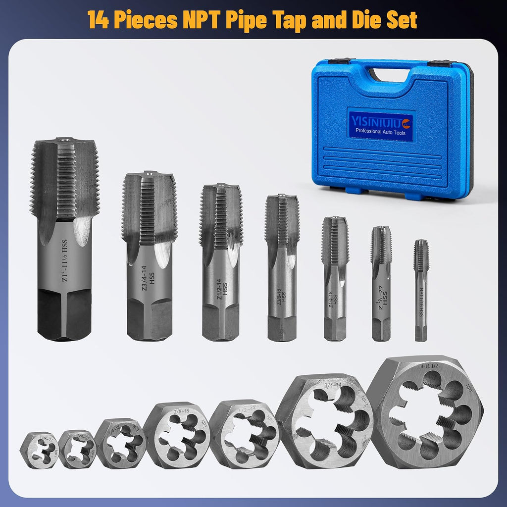 NPT Pipe Tap and Die Set, Hex Die Set 1/16', 1/8', 1/4', 3/8', 1/2', 3/4' and 1', 15pcs High Speed Steel Taps Carbon Steel Dies