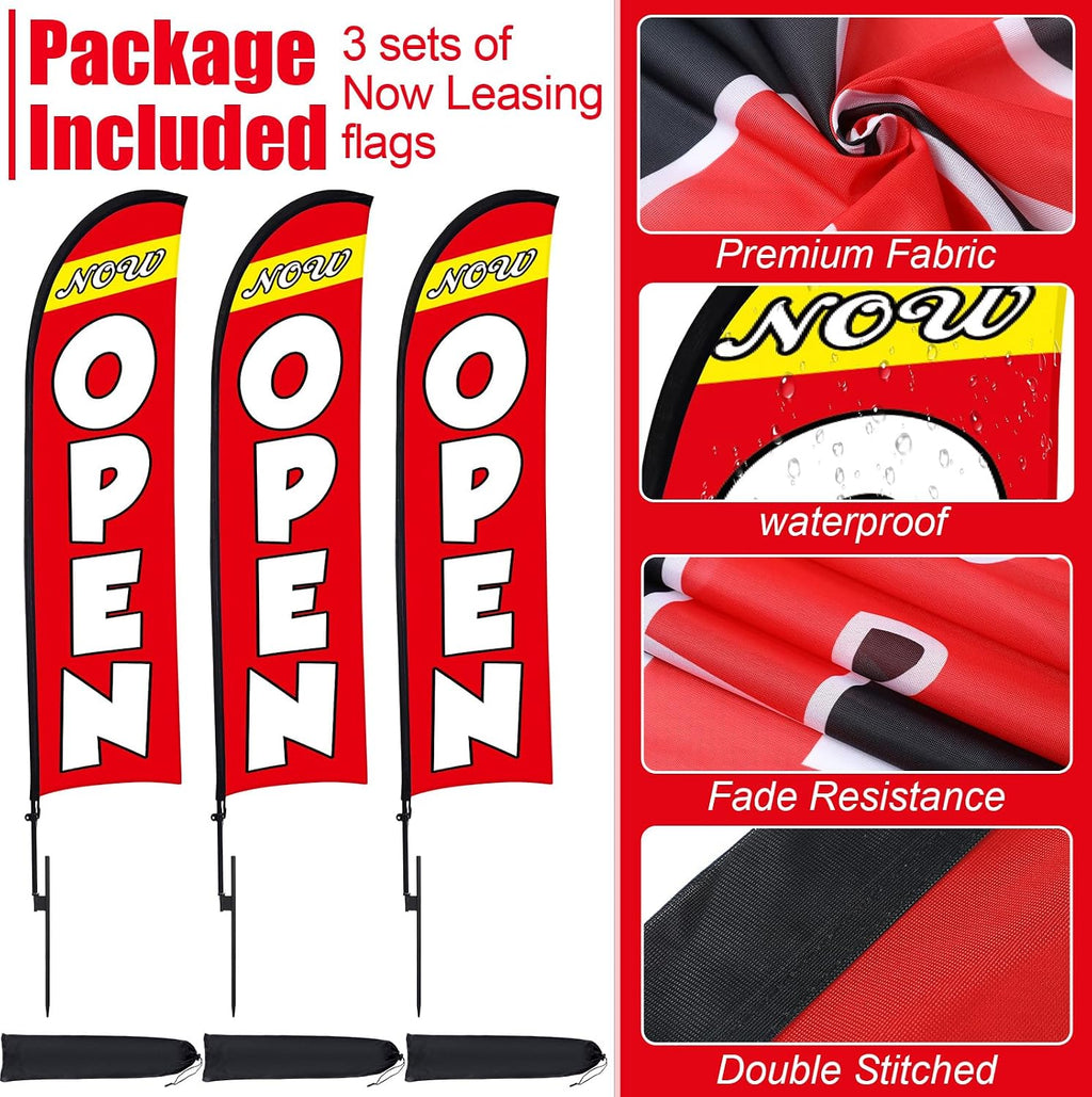 Buryeah 3 Sets Now Open Feather Flag Pole Kit 15 ft for Business Advertising Open Flag Banner Sign with Pole Kit Ground Stake and Portable Bag for Outside Ground