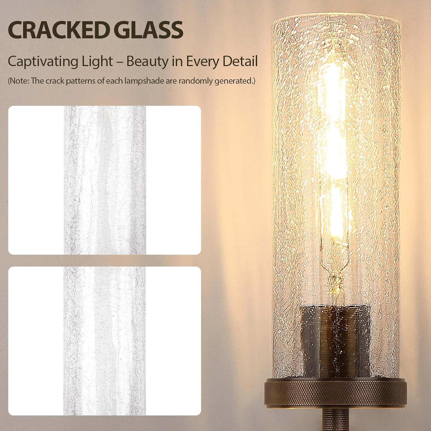 15' Knurled Brass Wall Sconces Set of 2, Bronze Bathroom Vanity Light Fixtures with Crackle Glass Tube, Modern Lamp Lighting for Bedroom, Living Room, Hallway, Staircase, Mirror, Kitchen