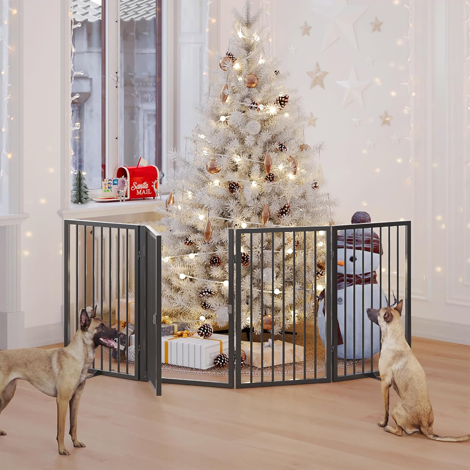 Vantas Folding No-Assembly Metal Pet Gate 80' Wide, 32' Extra Tall Dog Gate with Door Walk Through, Freestanding Accordion Puppy Gate Dog Door for Indoor & Outdoor, with 2PCS Support - Black