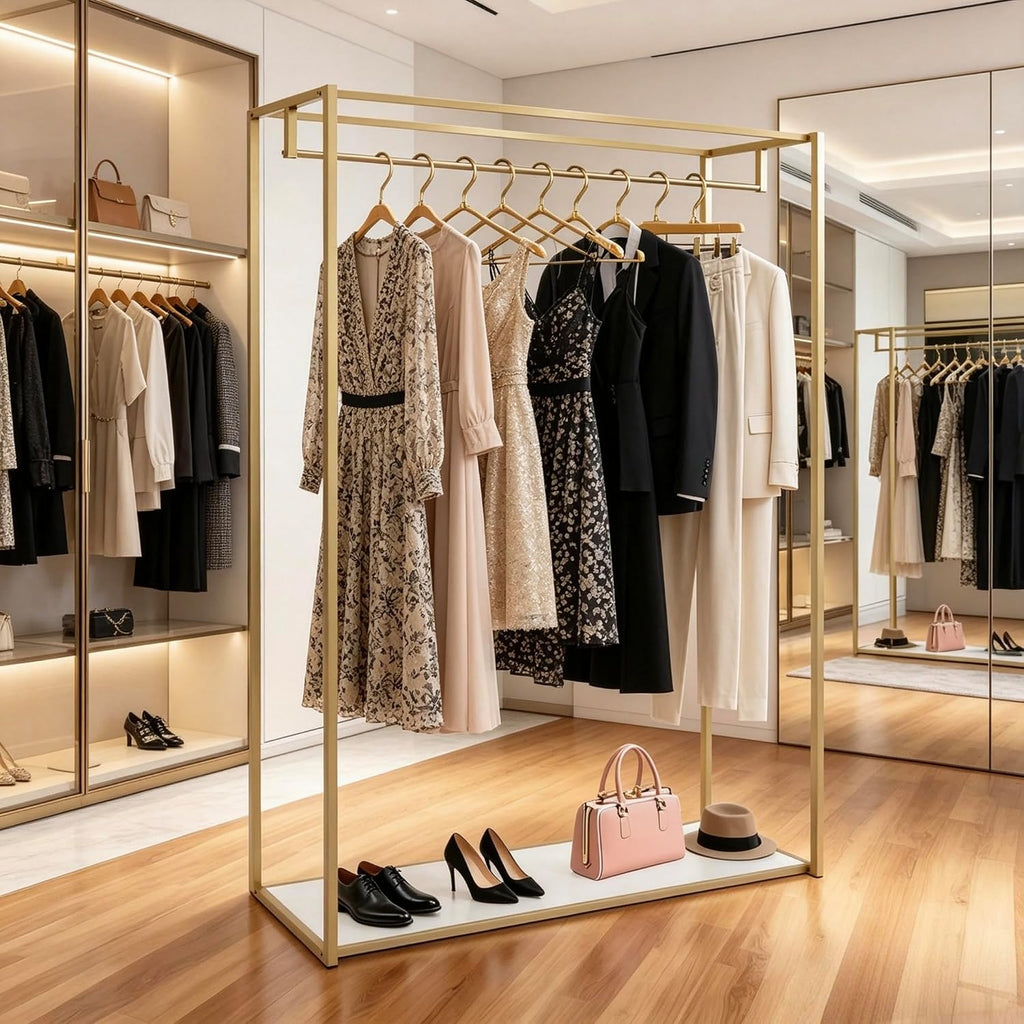 76' Tall Gold Clothing Garment Rack Boutique Retail Display Stand | Heavy Duty Clothes Wedding Dressr Racks for Hanging Long Dresses, Closet Wardrobe Shoes Bags Hats Clothes Organizer