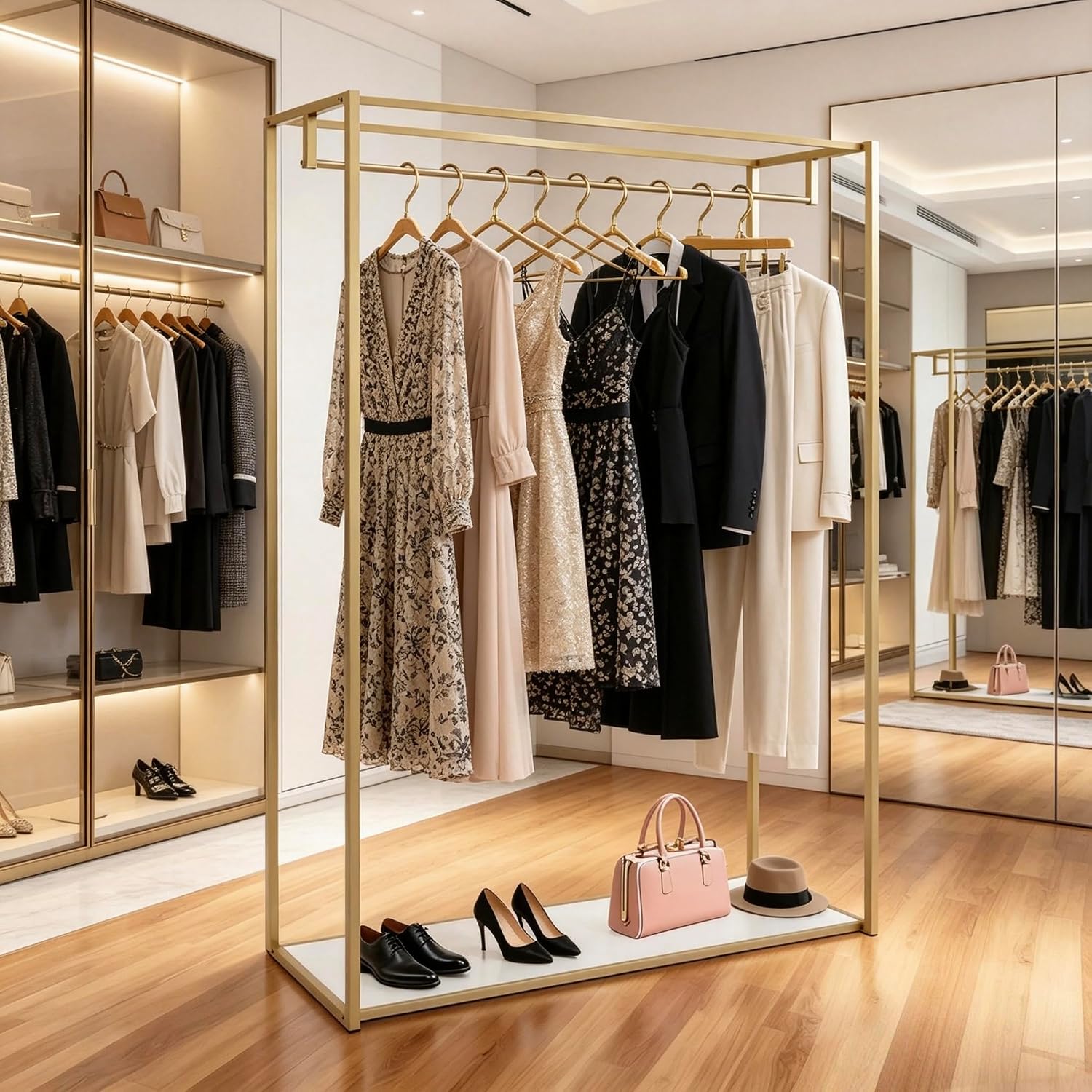 76' Tall Gold Clothing Garment Rack Boutique Retail Display Stand | Heavy Duty Clothes Wedding Dressr Racks for Hanging Long Dresses, Closet Wardrobe Shoes Bags Hats Clothes Organizer