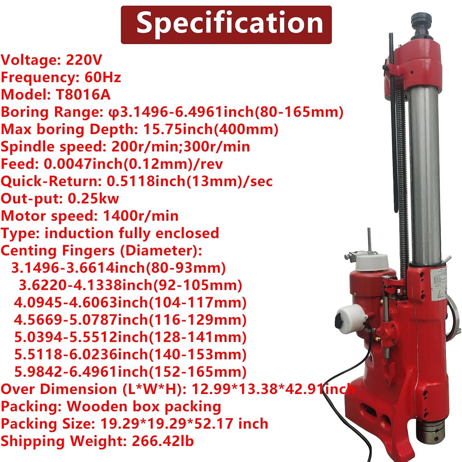 220V Cylinder Boring Machine Professional Engine Cylinder Repair Equipment with Boring Range 3.15-6.5 inch and Max Boring Depth 15.75inch for Motorcycle and Automobile Engine Cylinder