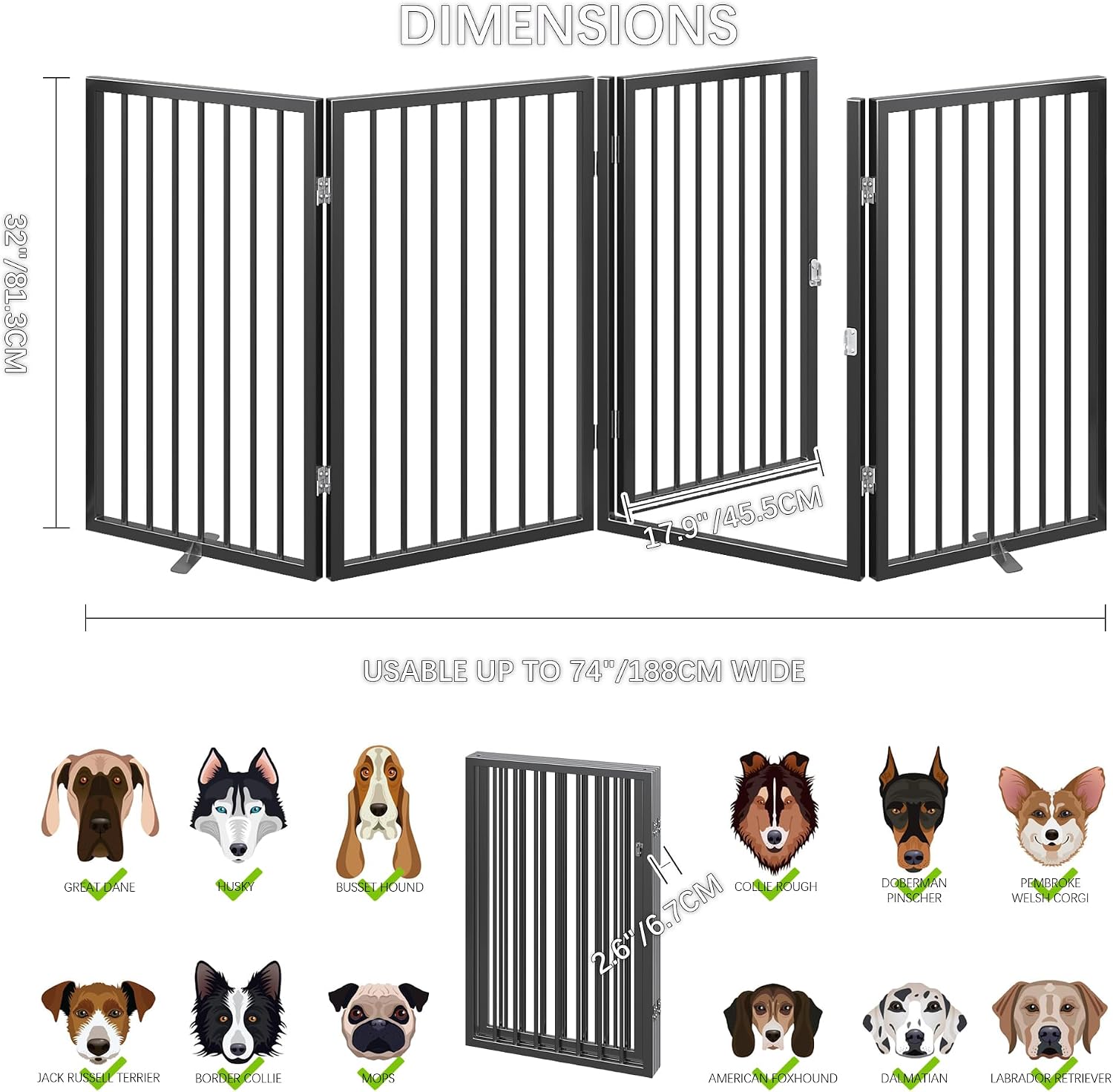 Vantas Folding No-Assembly Metal Pet Gate 80' Wide, 32' Extra Tall Dog Gate with Door Walk Through, Freestanding Accordion Puppy Gate Dog Door for Indoor & Outdoor, with 2PCS Support - Black